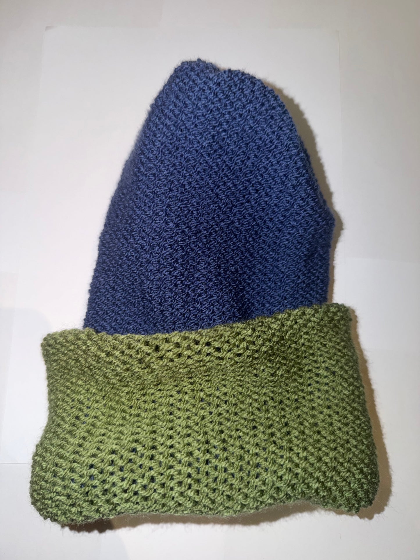 Sage Green and Denim Beanie dual-tone reversible handmade wooly hat.