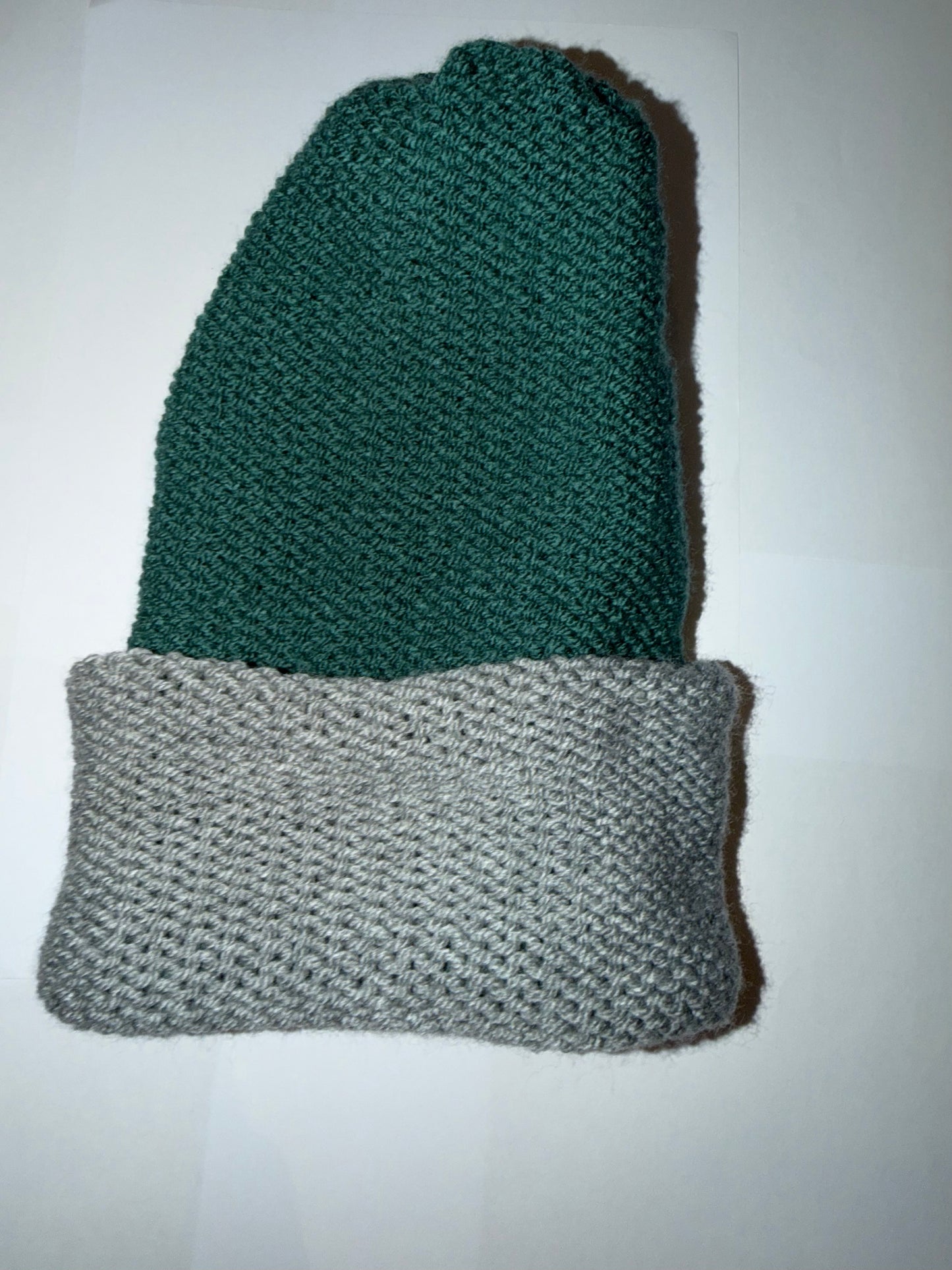 Mid Green and Light Grey Beanie dual-tone handmade wooly knit hat.