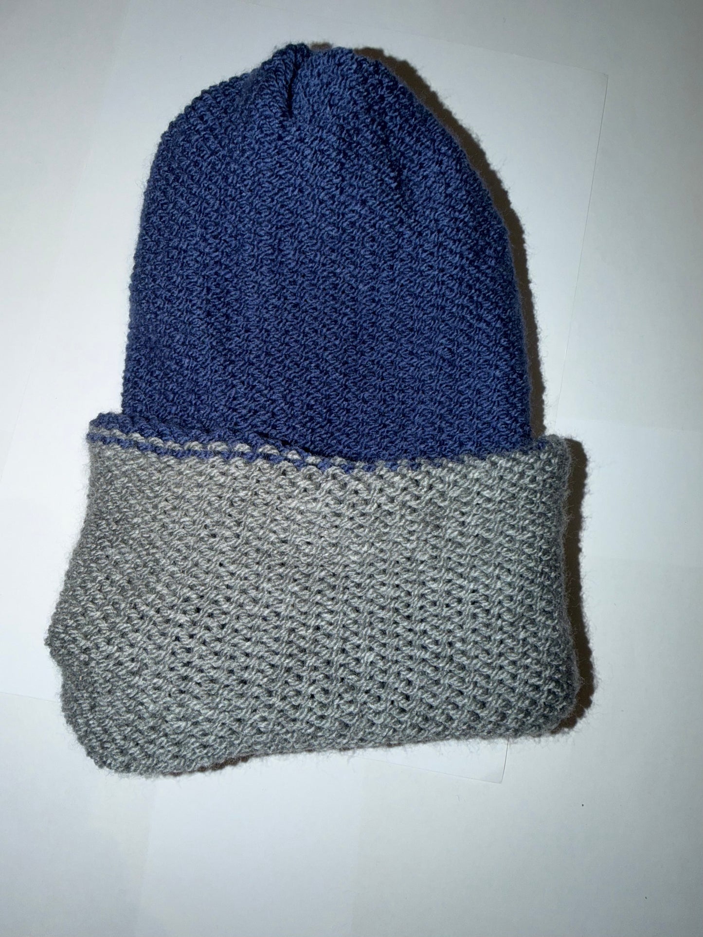 Light Grey and Denim Beanie dual-tone reversible handmade wooly hat.