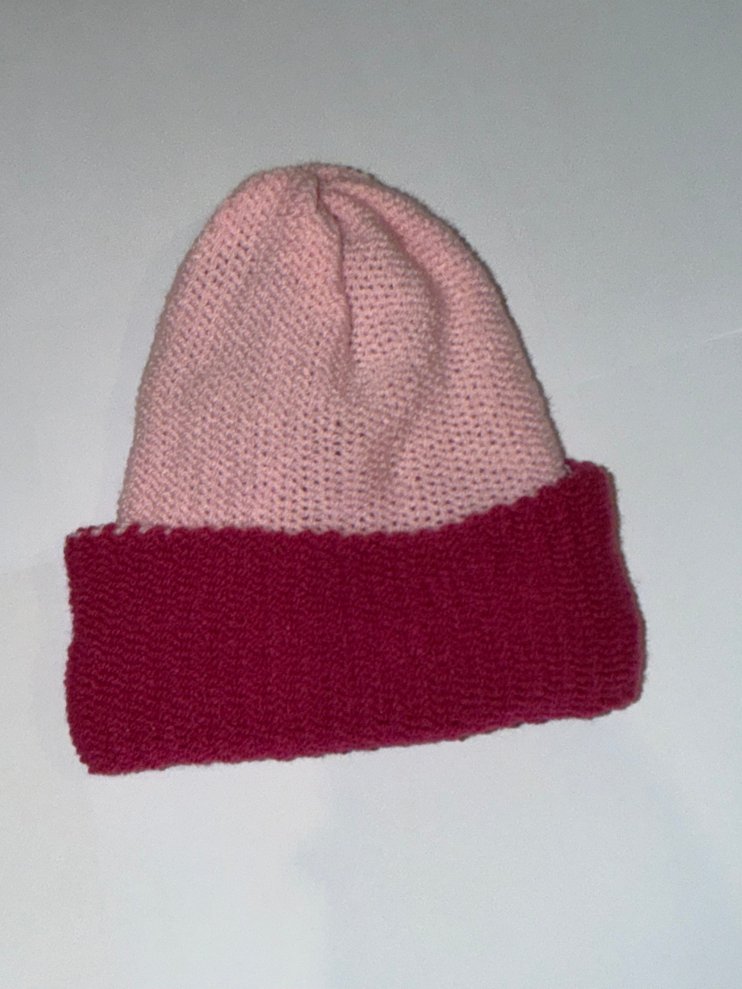 Handmade Reversible Wooly Beanie Light Pink and Magenta dual-tone knit.