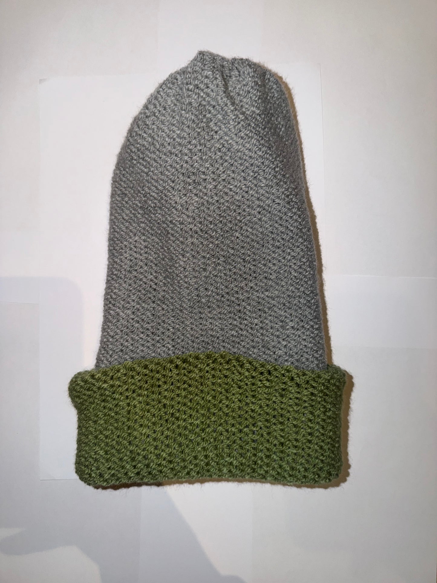 Light Grey and Sage Green Beanie dual-tone reversible handmade wooly hat.