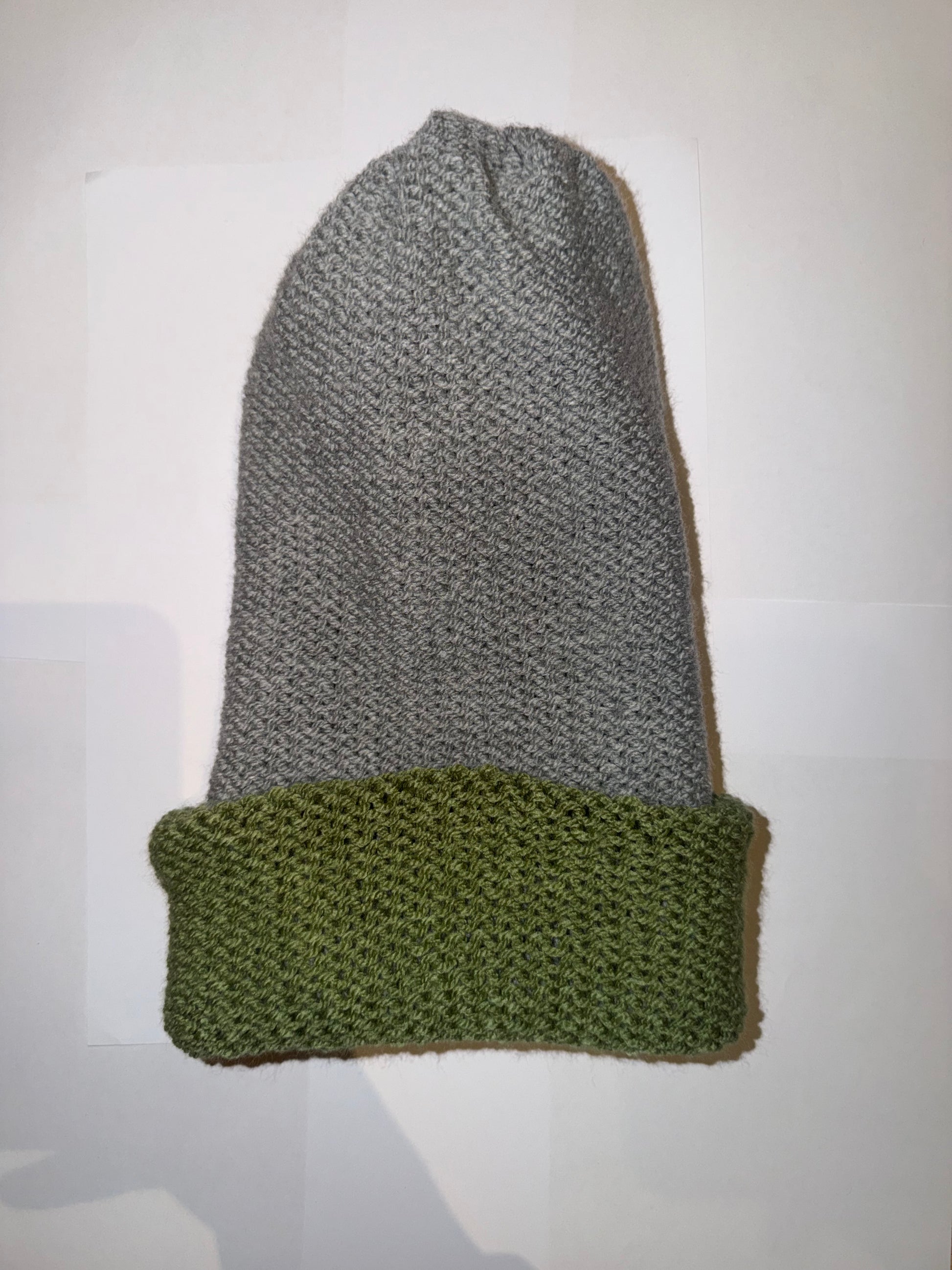 Light Grey and Sage Green Beanie dual-tone reversible handmade wooly hat.