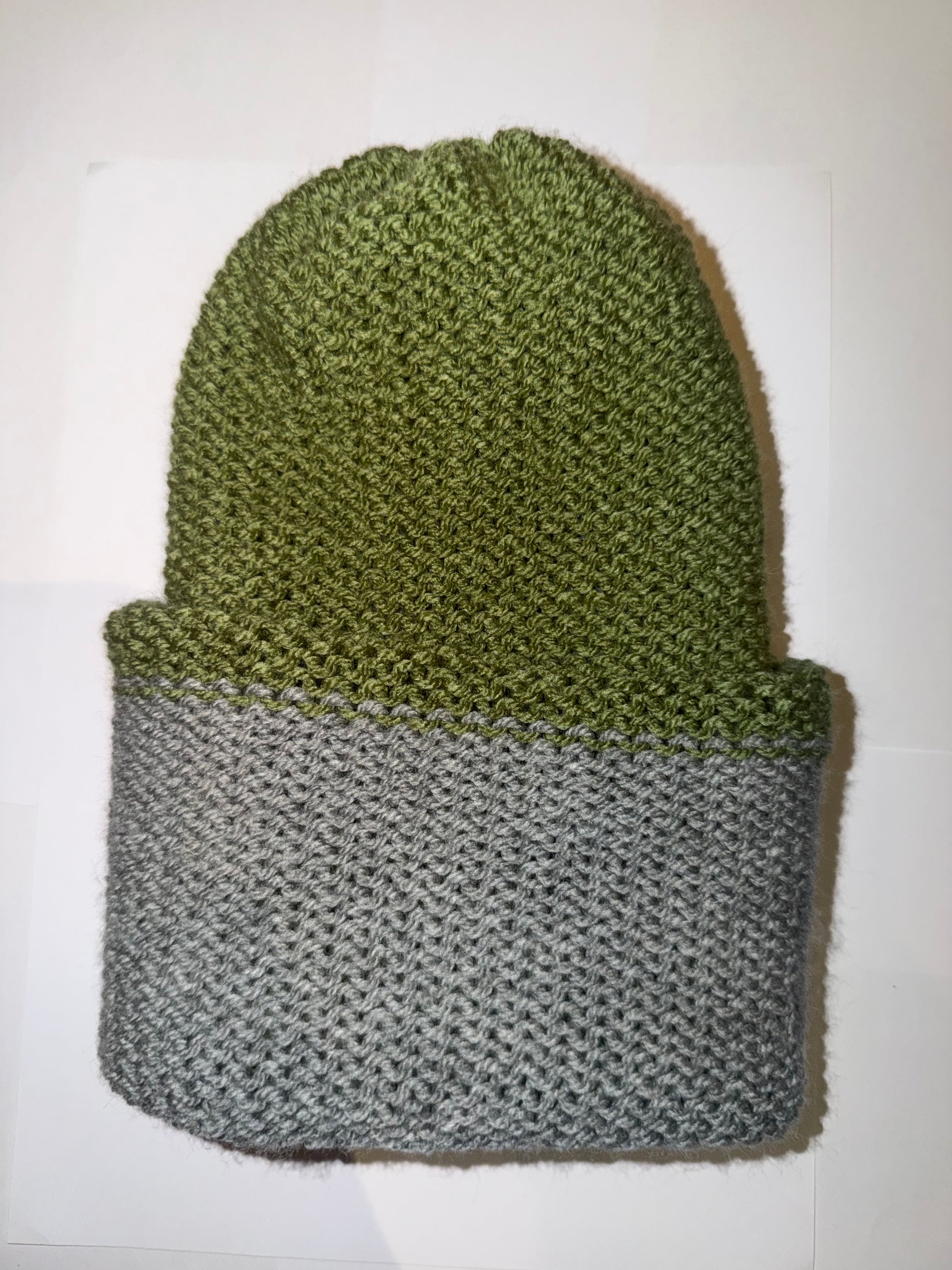 Light Grey and Sage Green Beanie dual-tone reversible handmade wooly hat.
