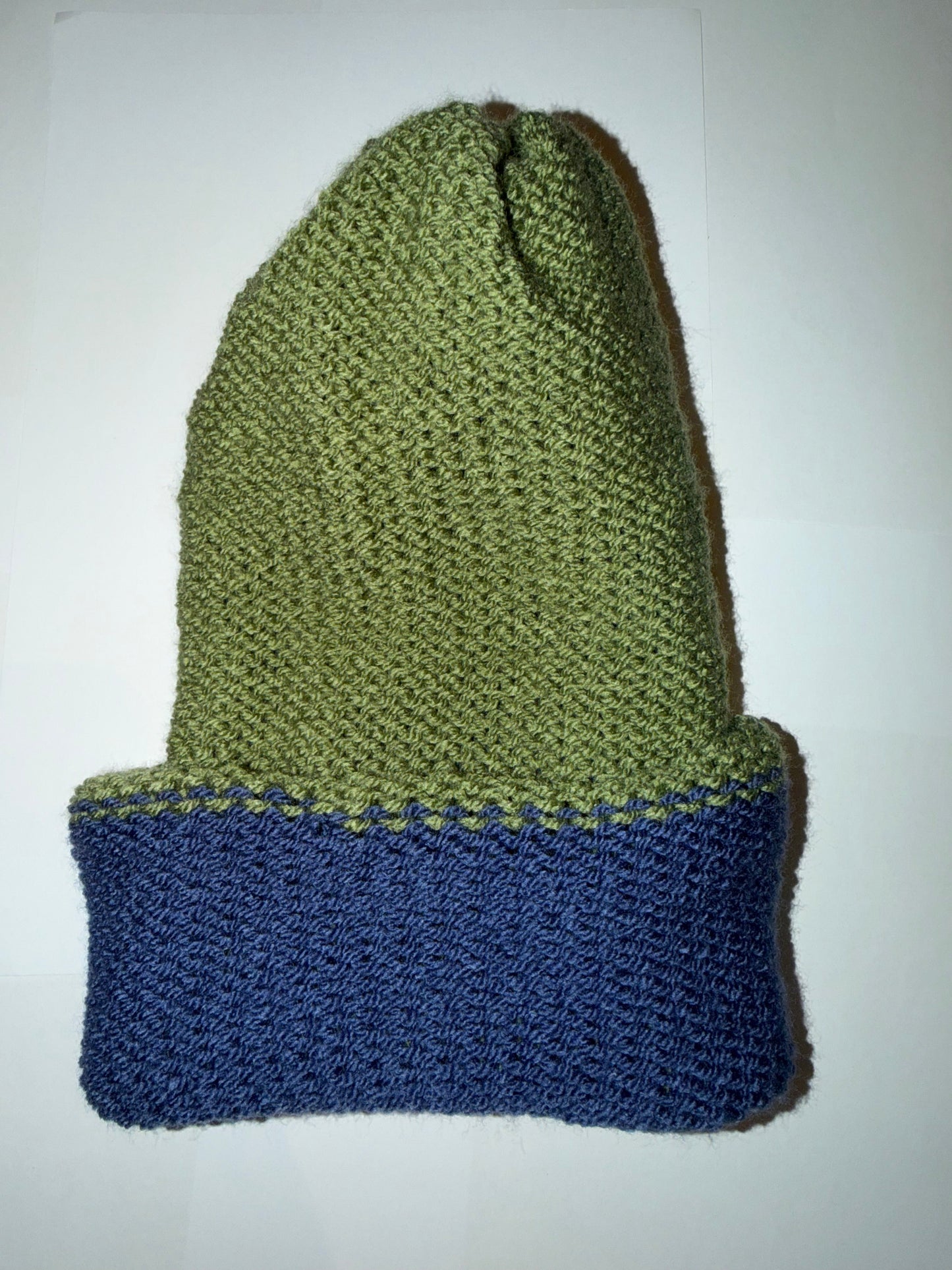 Sage Green and Denim Beanie dual-tone reversible handmade wooly hat.