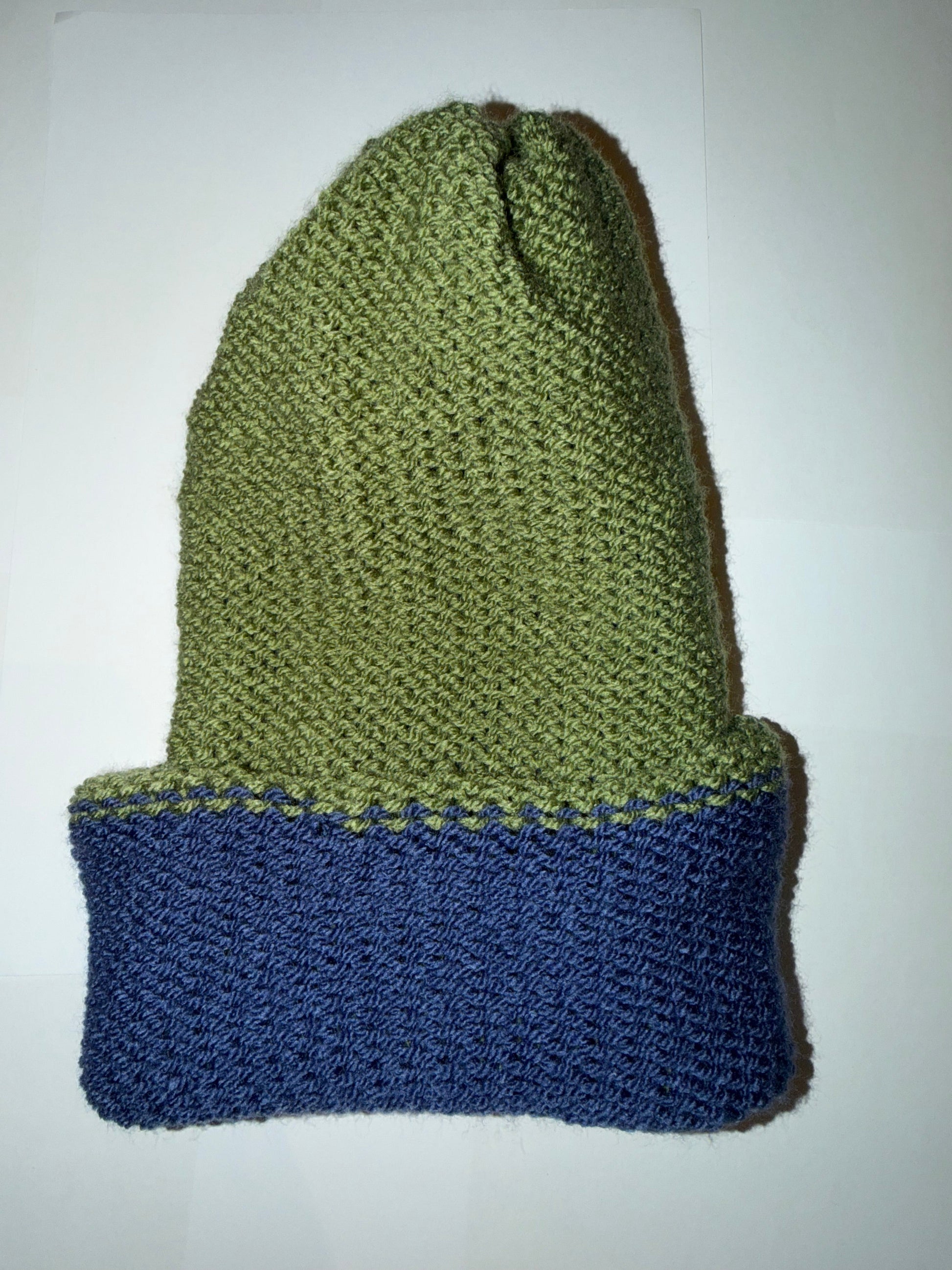 Sage Green and Denim Beanie dual-tone reversible handmade wooly hat.
