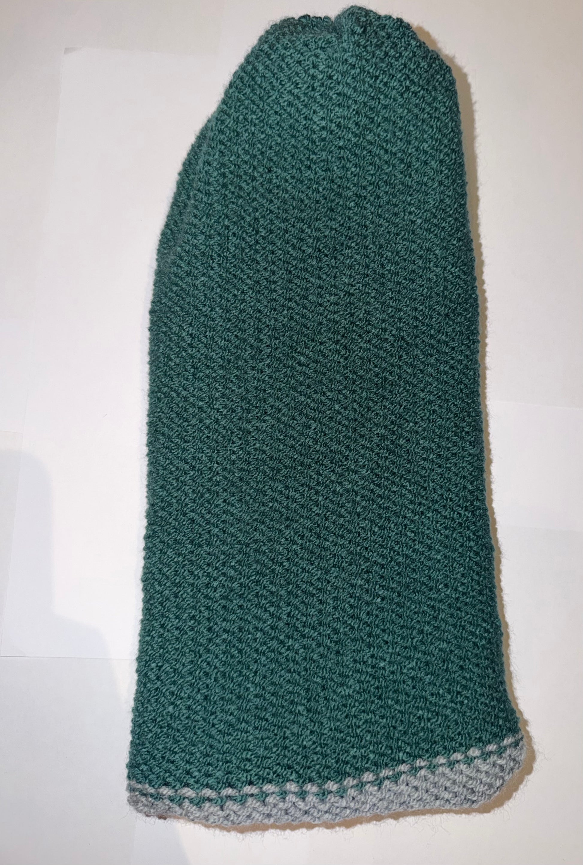Mid Green and Light Grey Beanie dual-tone handmade wooly knit hat.