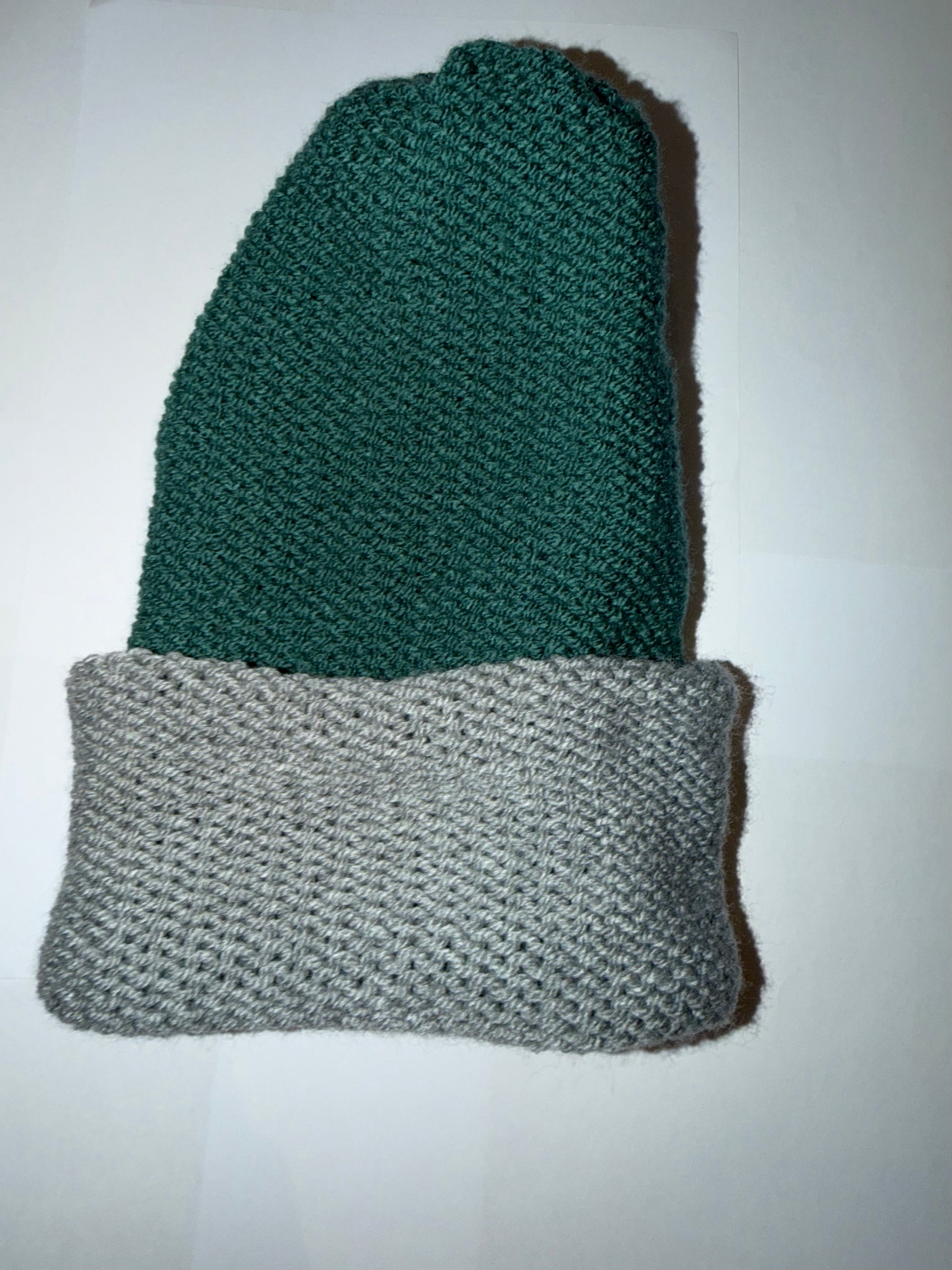 Mid Green and Light Grey Beanie dual-tone handmade wooly knit hat.