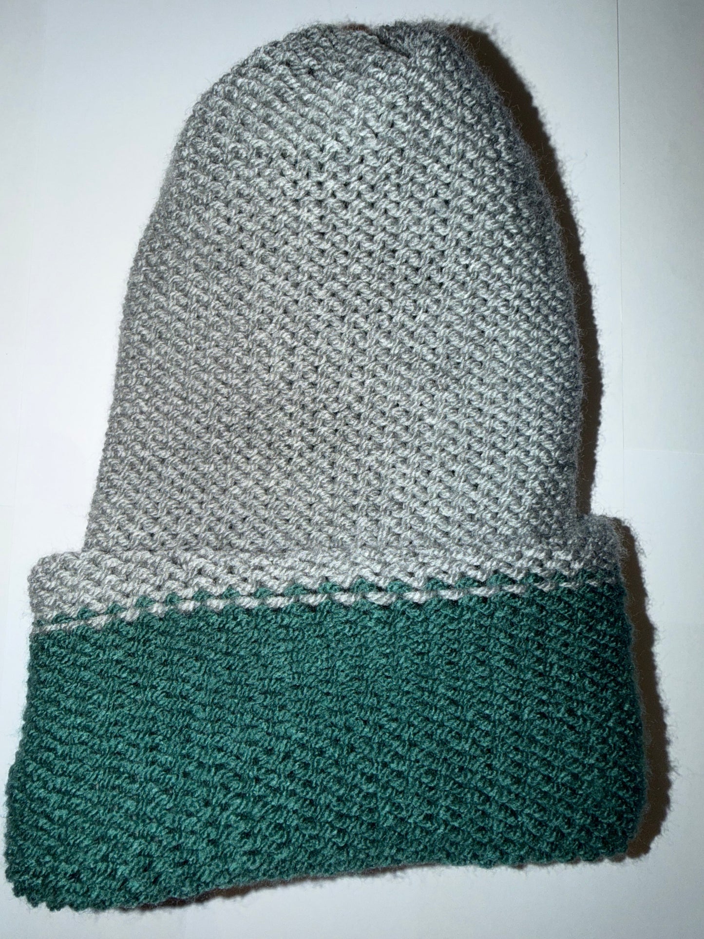 Mid Green and Light Grey Beanie dual-tone handmade wooly knit hat.
