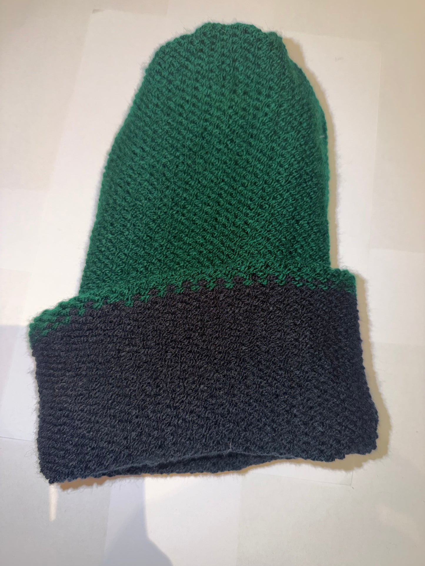 School Green and Black Beanie dual-tone reversible handmade wooly hat.