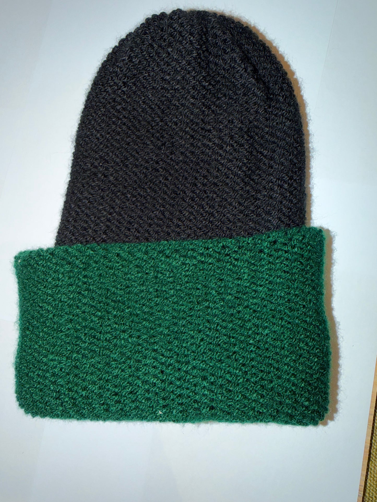 School Green and Black Beanie dual-tone reversible handmade wooly hat.