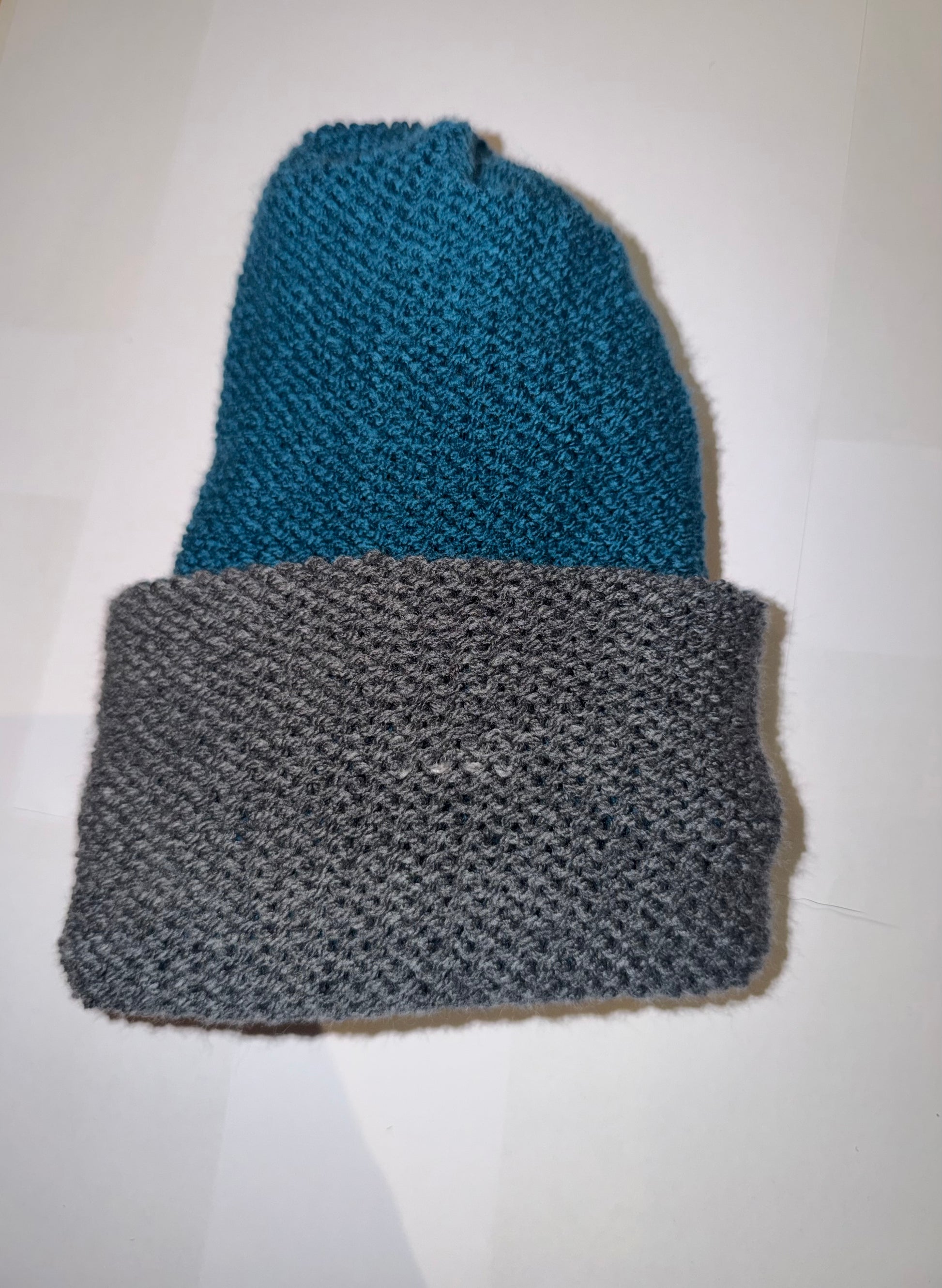 Petrol and Dark Grey Beanie dual-tone reversible handmade wooly hat.