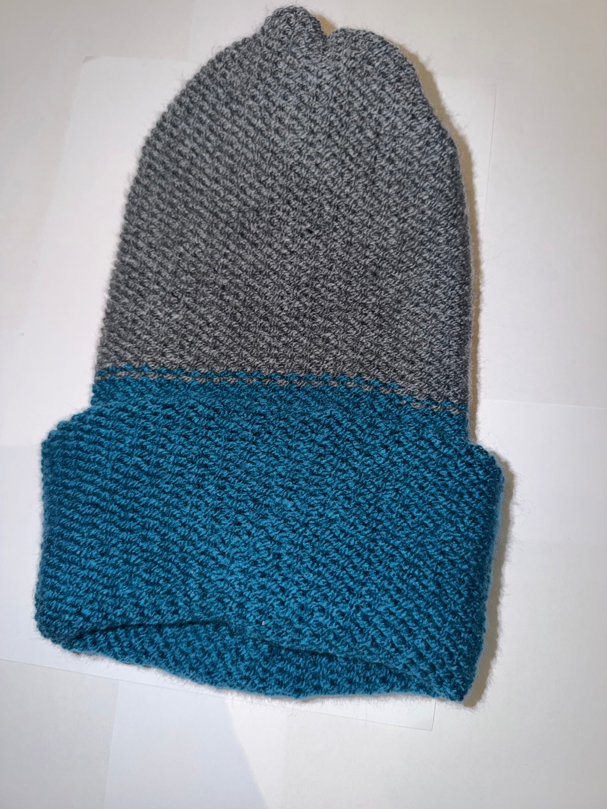 Petrol and Dark Grey Beanie dual-tone reversible handmade wooly hat.