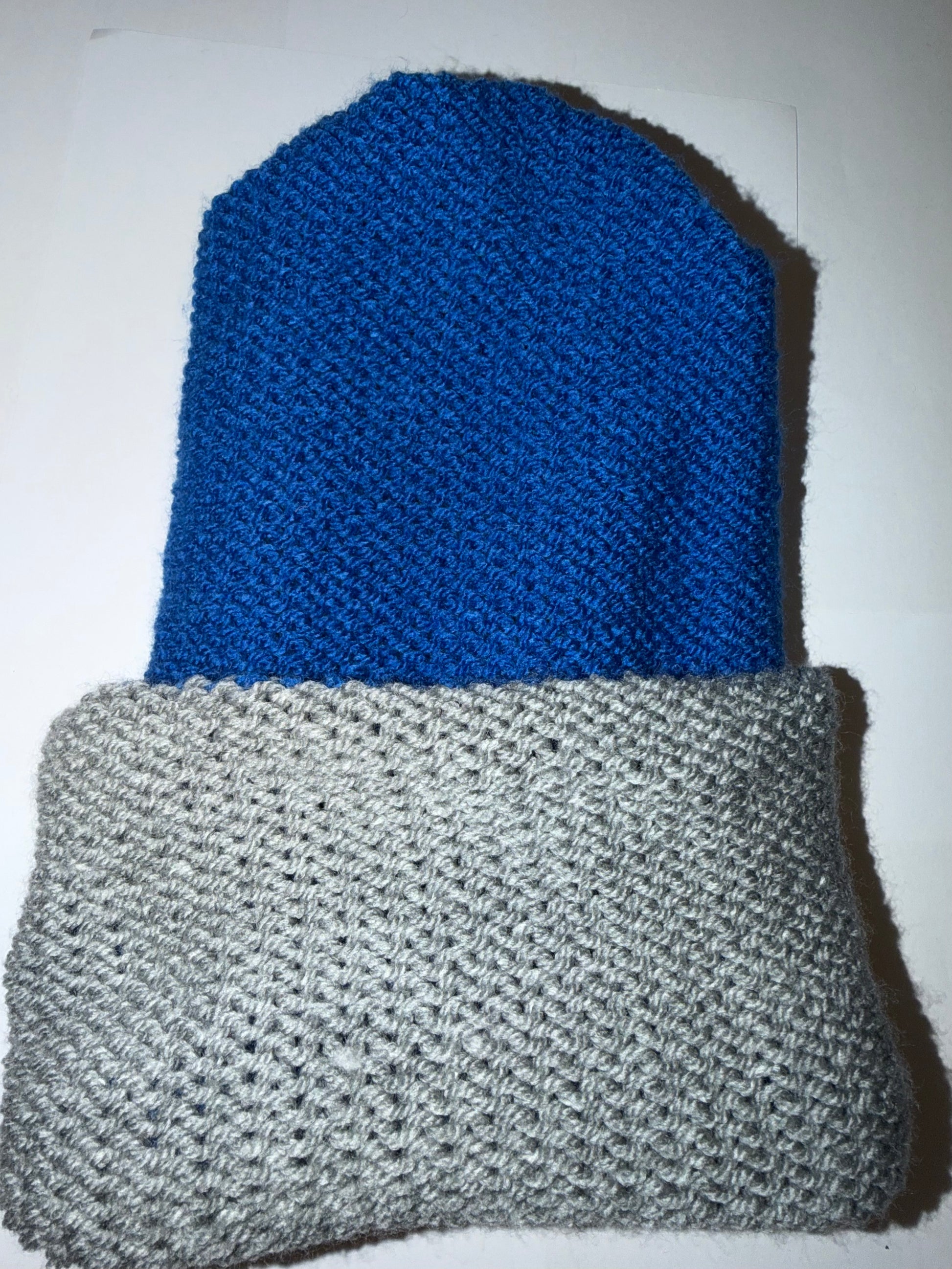 Light Grey and Blue Beanie dual-tone reversible handmade wooly hat.