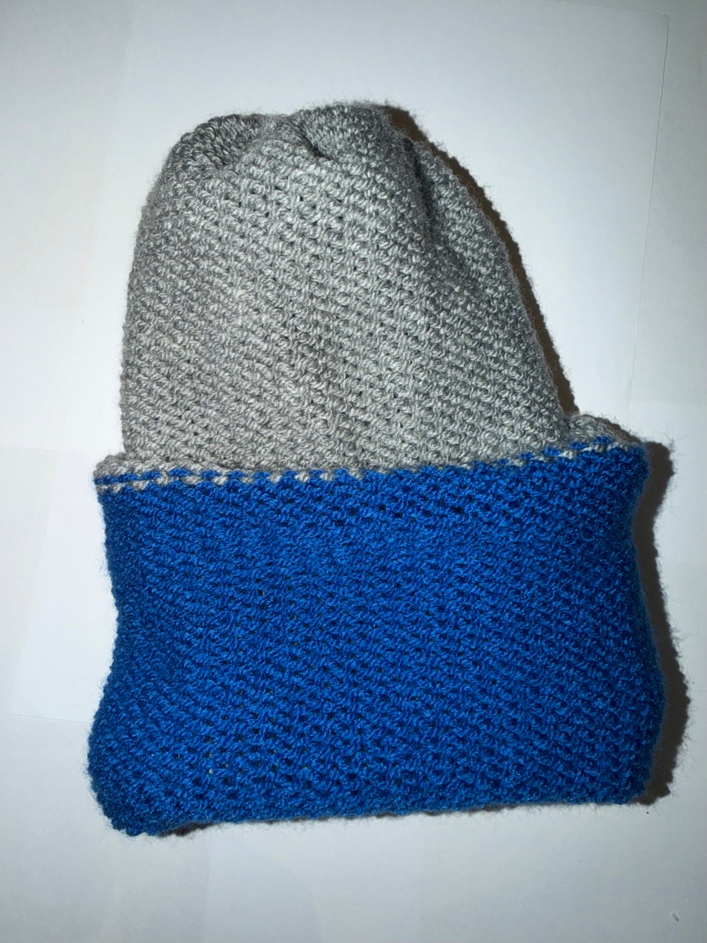 Light Grey and Blue Beanie dual-tone reversible handmade wooly hat.
