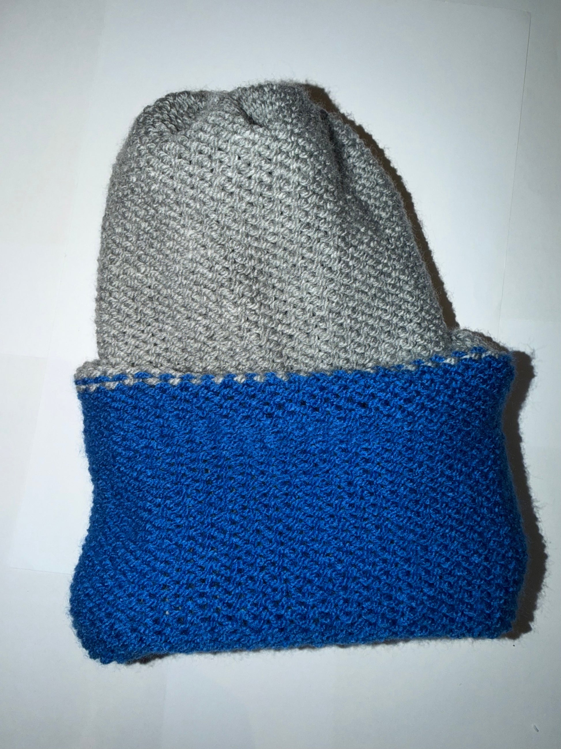 Light Grey and Blue Beanie dual-tone reversible handmade wooly hat.