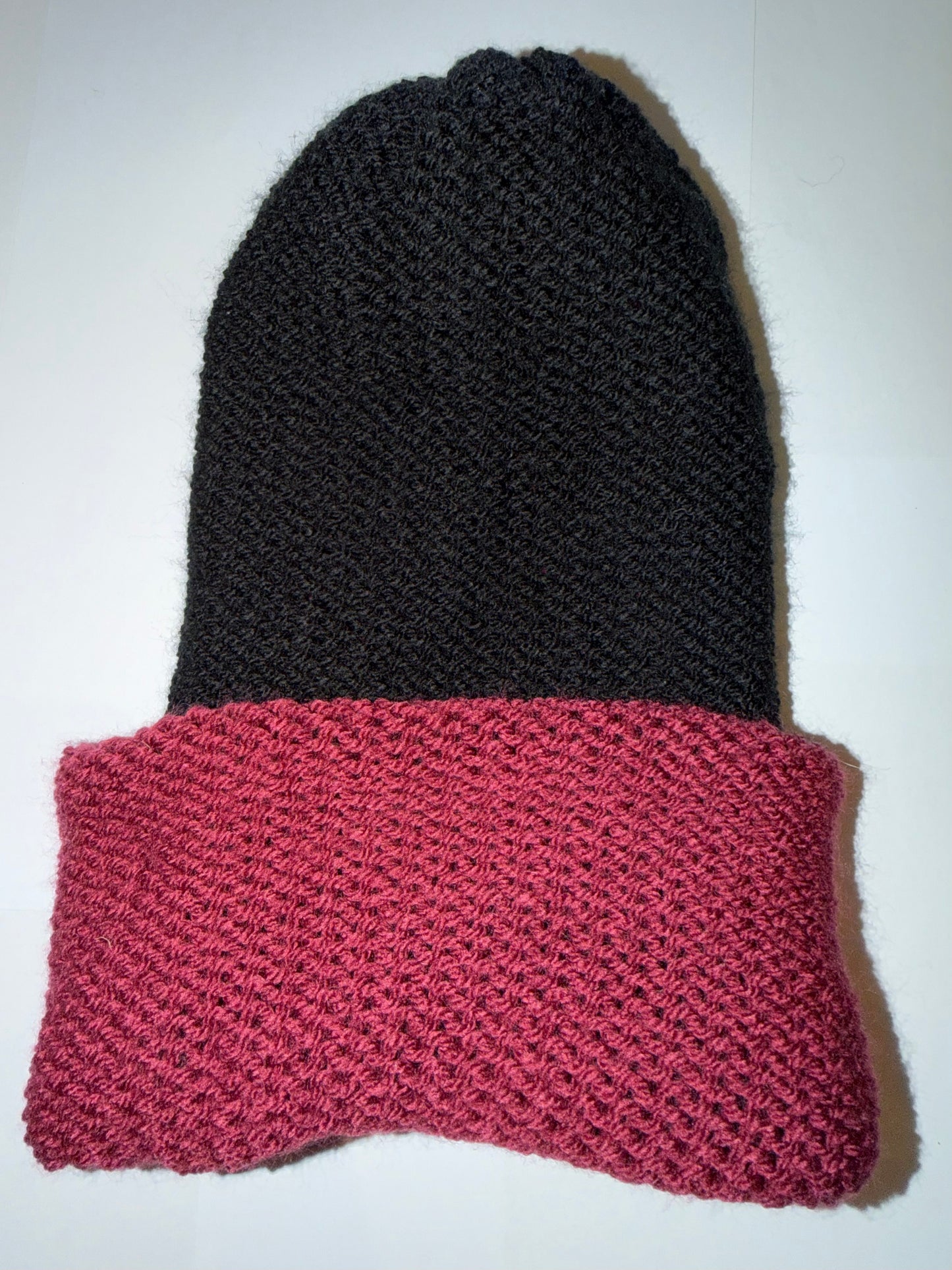 Plum and Black Beanie dual-tone reversible handmade wooly knit hat.