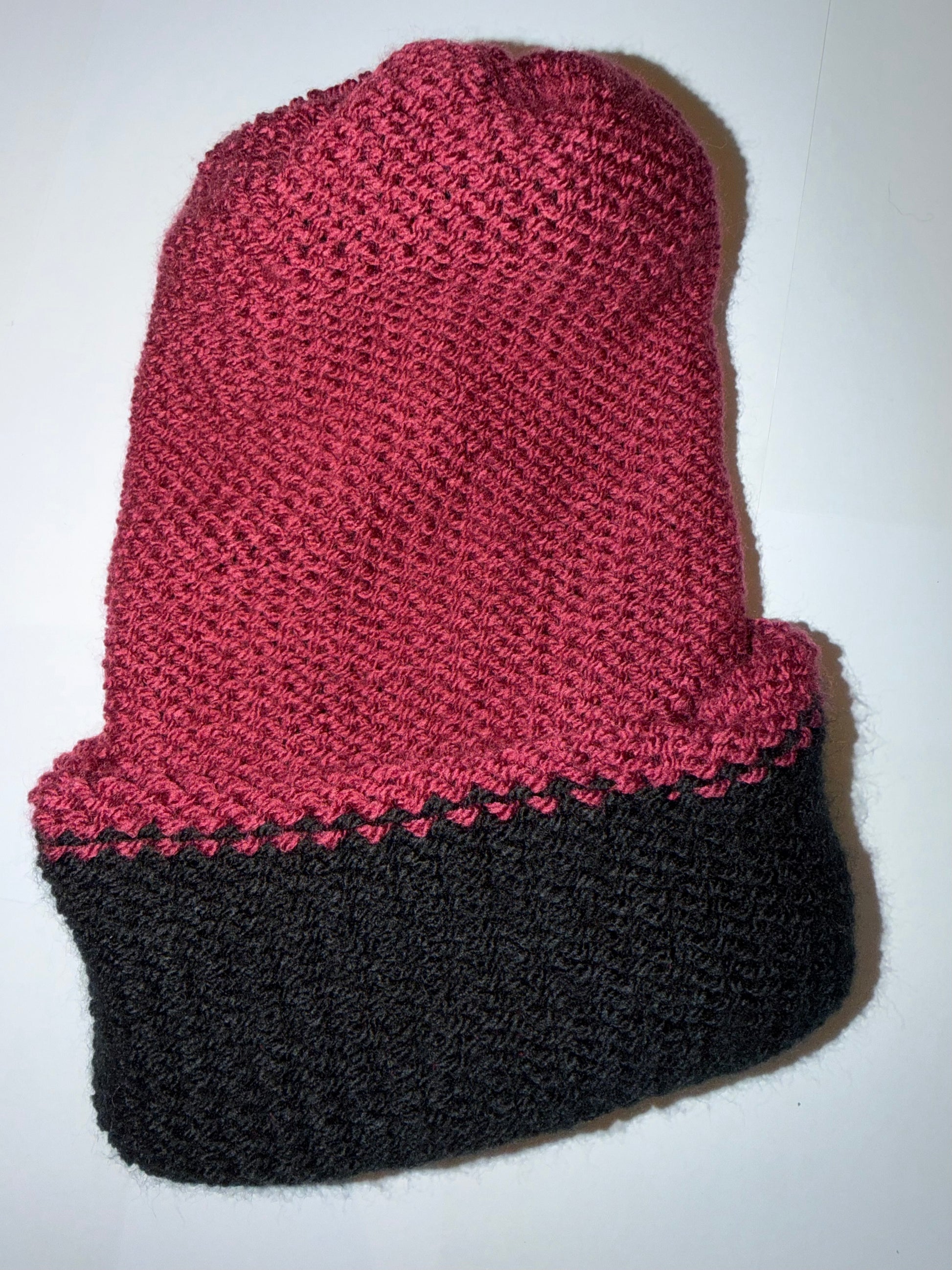 Plum and Black Beanie dual-tone reversible handmade wooly knit hat.