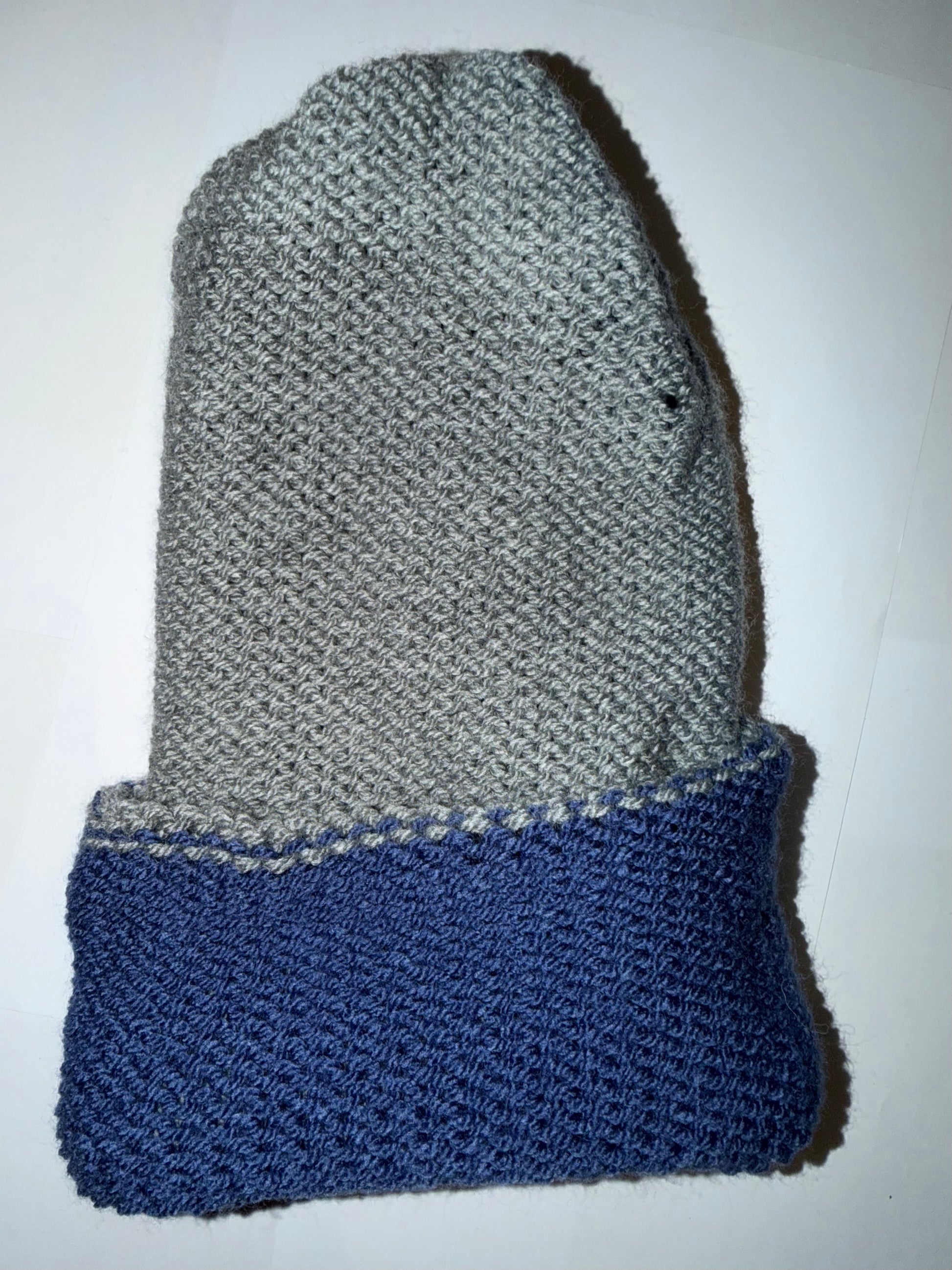 Light Grey and Denim Beanie dual-tone reversible handmade wooly hat.