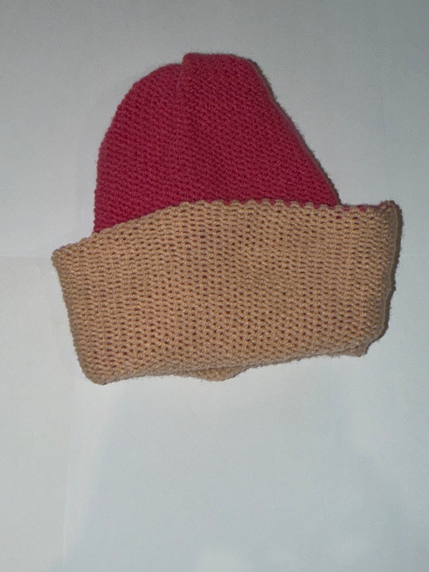 Handmade Reversible Wooly Beanie Hot Pink and Cool Vanilla artisanal dual-tone hat.Handmade Reversible Wooly Beanie Hot Pink and Cool Vanilla artisanal dual-tone hat.