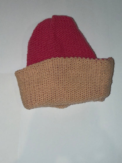 Handmade Reversible Wooly Beanie Hot Pink and Cool Vanilla artisanal dual-tone hat.Handmade Reversible Wooly Beanie Hot Pink and Cool Vanilla artisanal dual-tone hat.