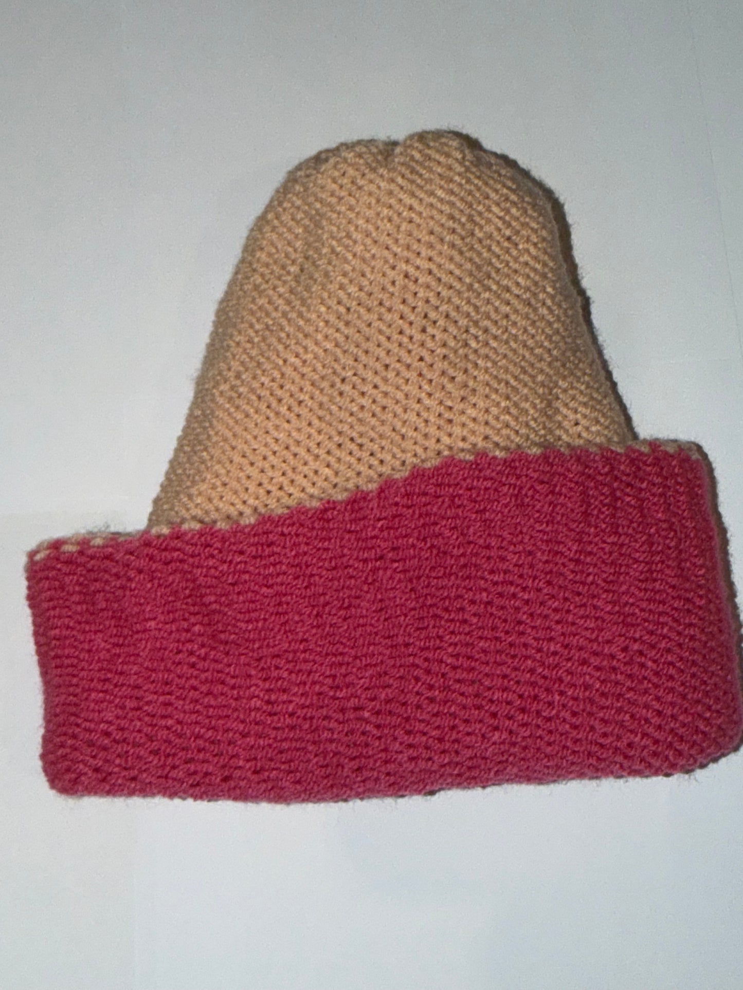 Handmade Reversible Wooly Beanie Hot Pink and Cool Vanilla artisanal dual-tone hat.