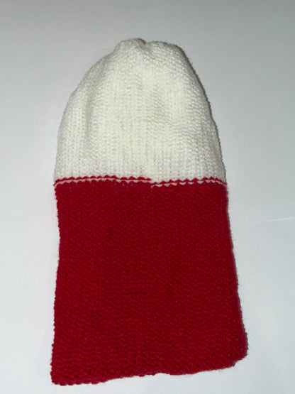 Festive Christmas Beanie in white and red, handcrafted wooly holiday hat for warm winter celebrations.
