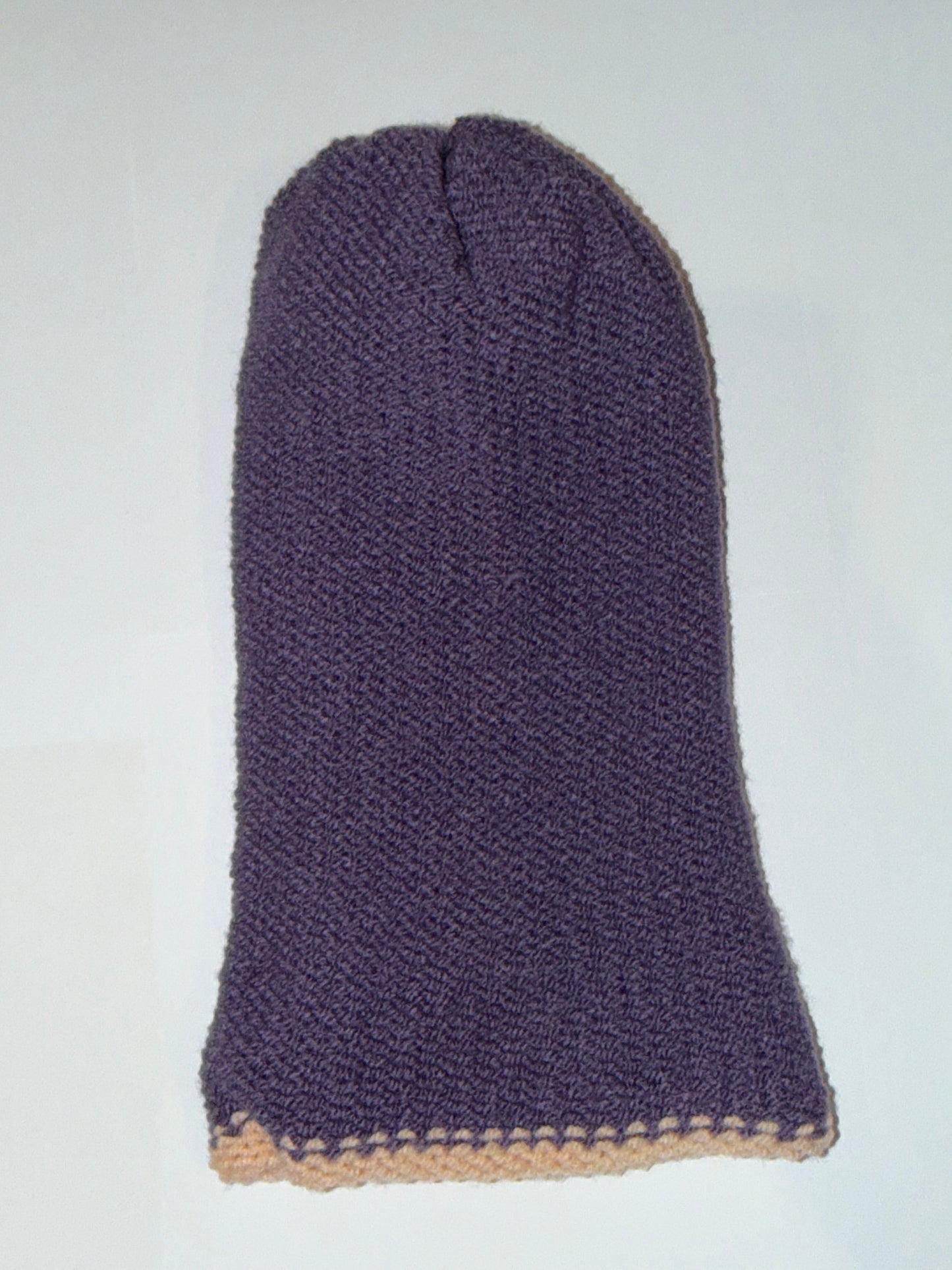 Handmade Reversible Wooly Beanie Dark Liliac and Cool Vanilla artisanal knit hat.