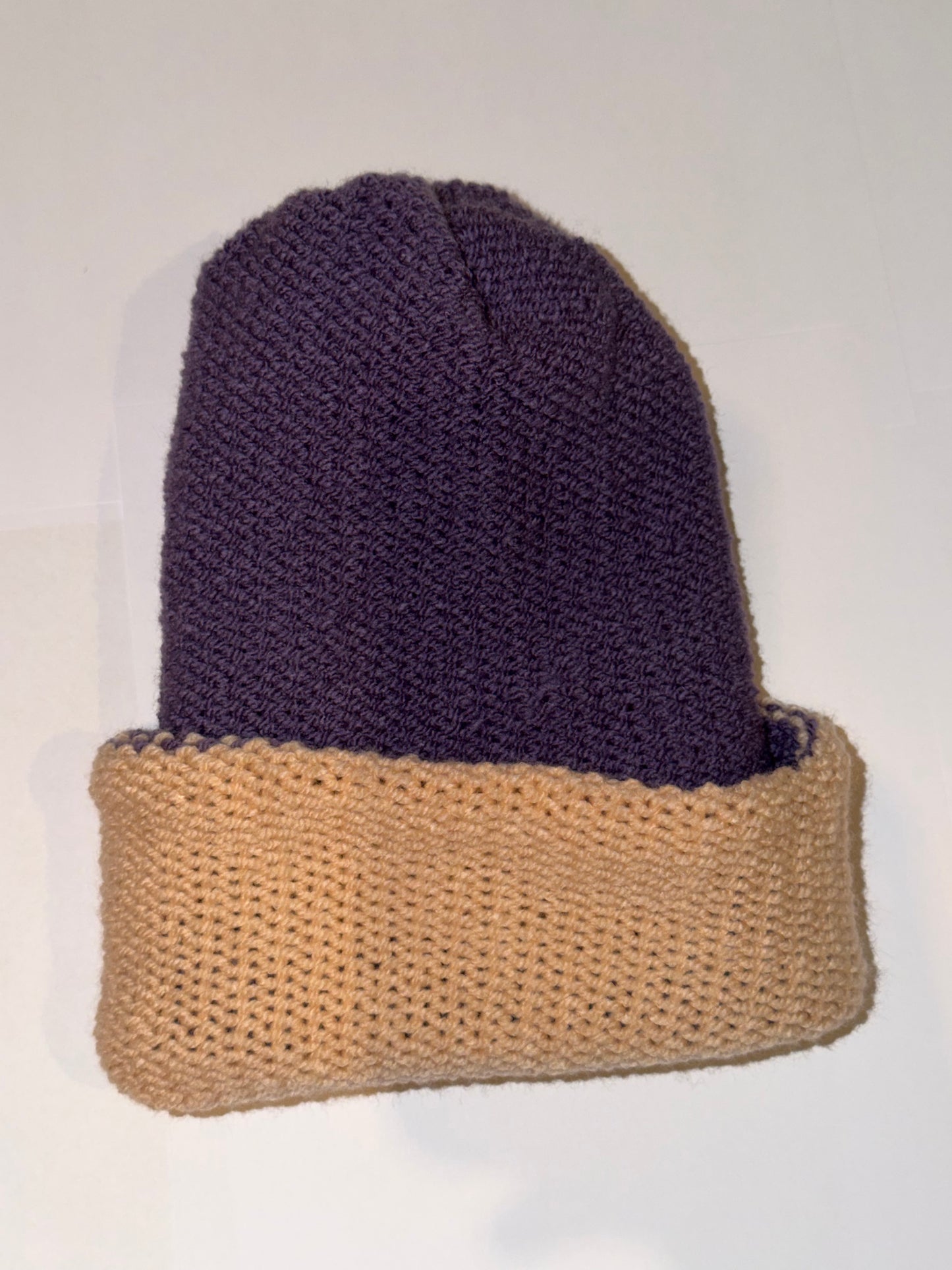 Handmade Reversible Wooly Beanie Dark Liliac and Cool Vanilla artisanal knit hat.