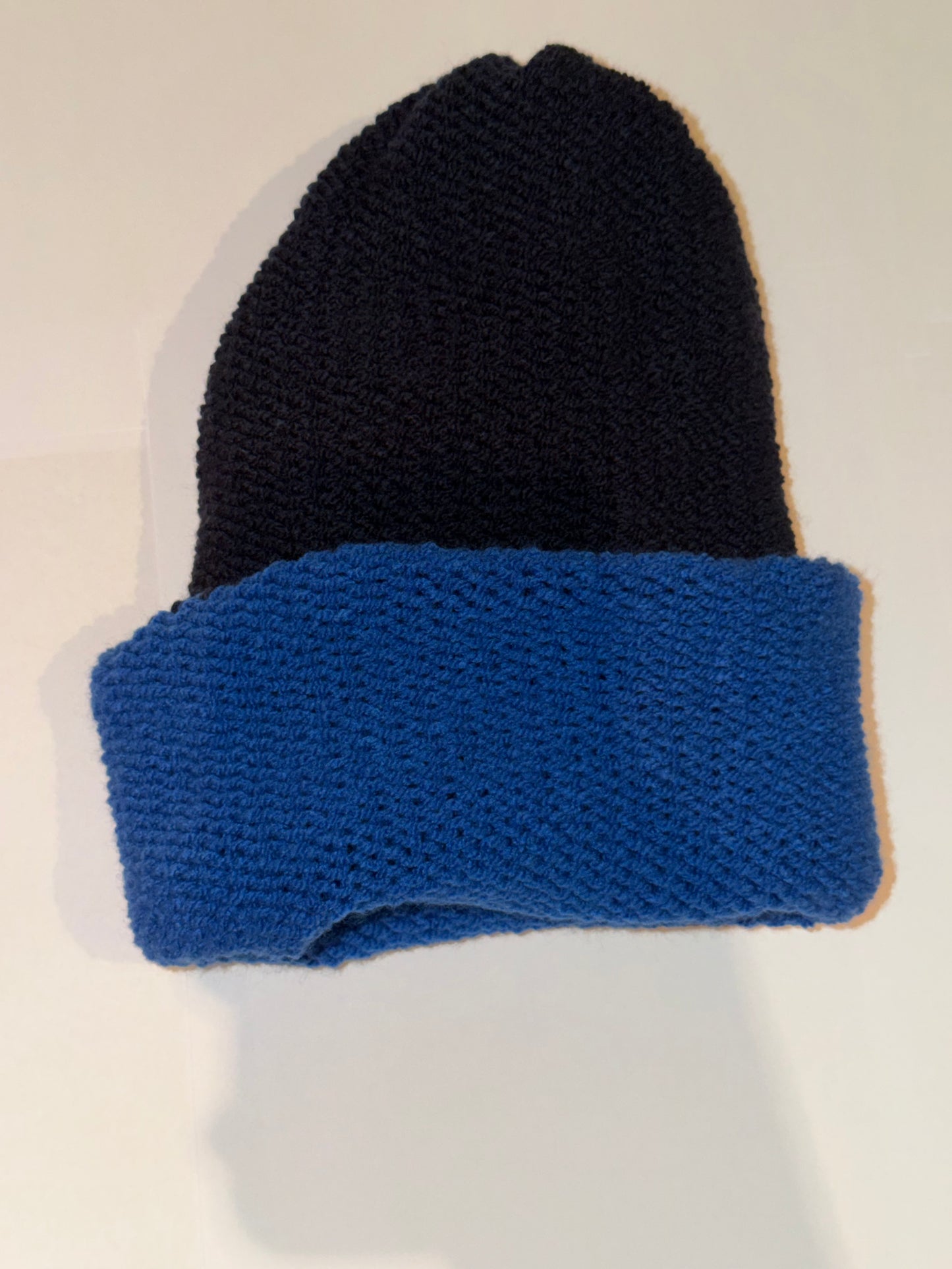 Handmade Reversible Wooly Beanie Navy and Dark Blue showing the two-tone blue knit.