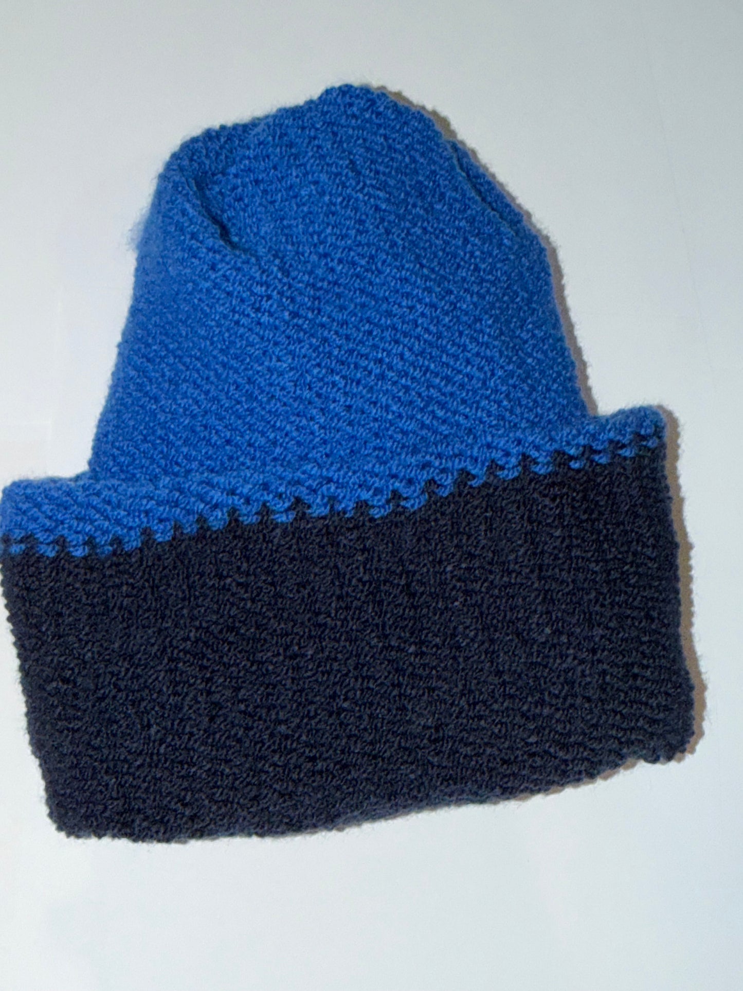 Handmade Reversible Wooly Beanie Navy and Dark Blue showing the two-tone blue knit.