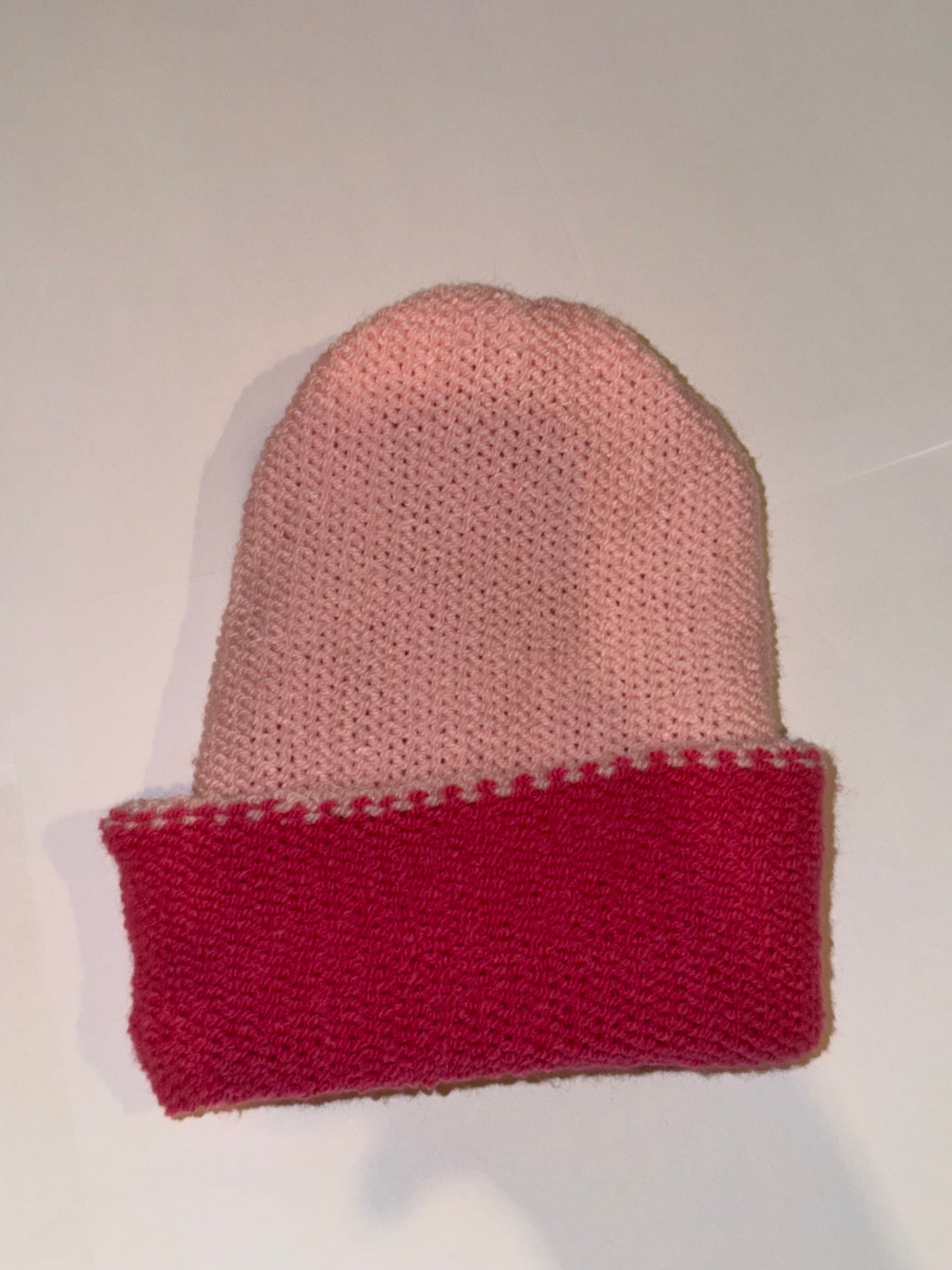 Handmade Reversible Wooly Beanie Hot Pink and Light Pink featuring a dual-tone knit.