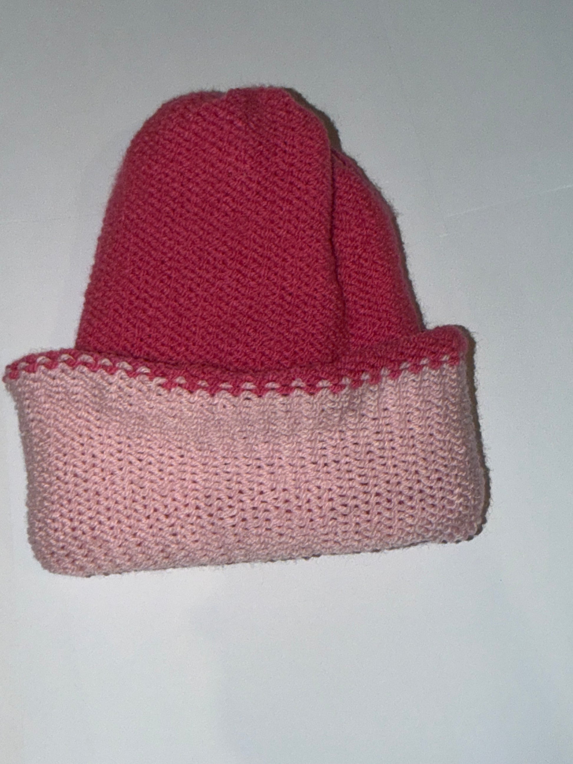 Handmade Reversible Wooly Beanie Hot Pink and Light Pink featuring a dual-tone knit.
