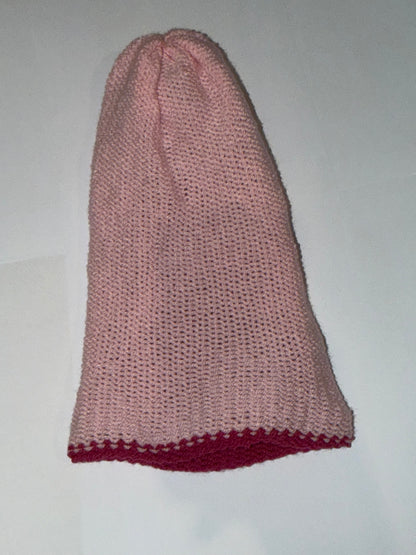 Handmade Reversible Wooly Beanie Hot Pink and Soft Pink showing the two-tone pink knit.