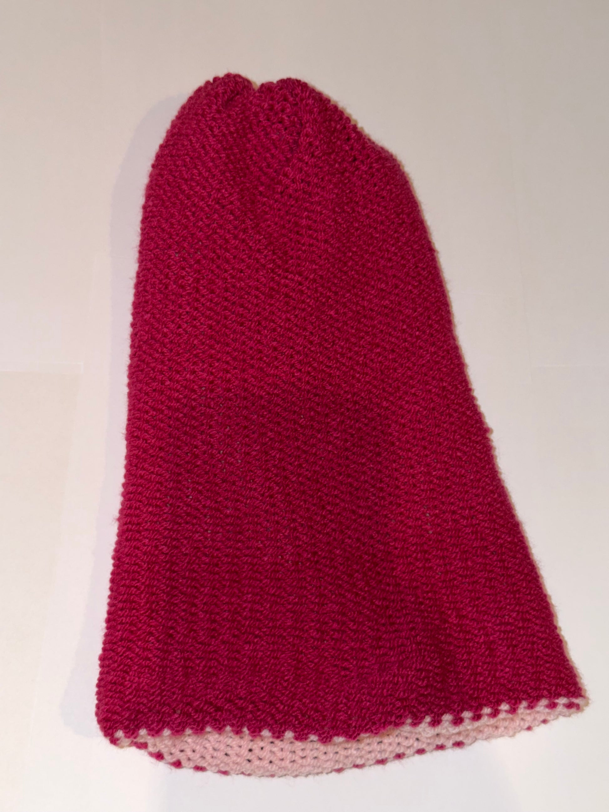 Handmade Reversible Wooly Beanie Hot Pink and Soft Pink showing the two-tone pink knit.