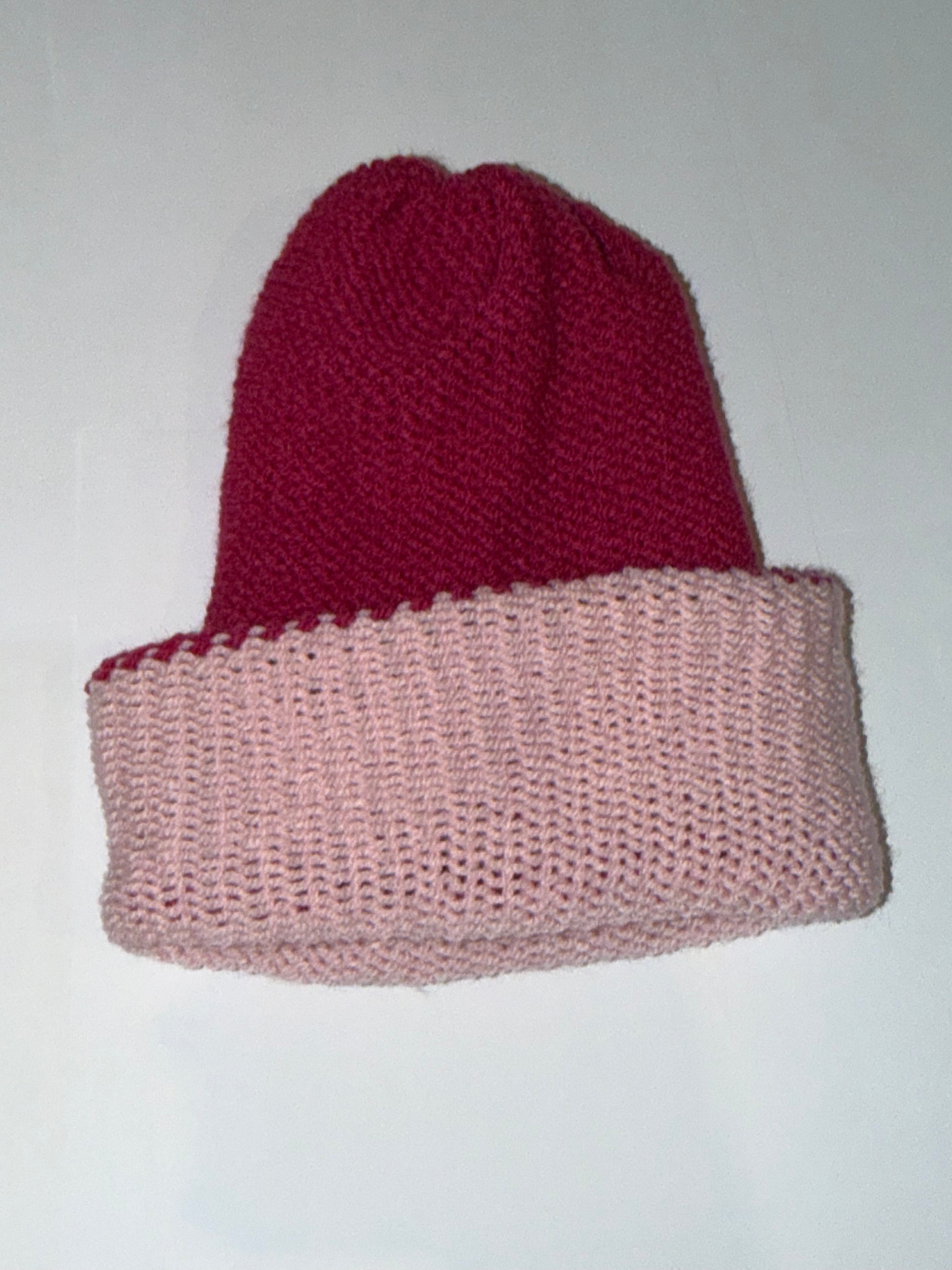 Handmade Reversible Wooly Beanie Light Pink and Magenta dual-tone knit.