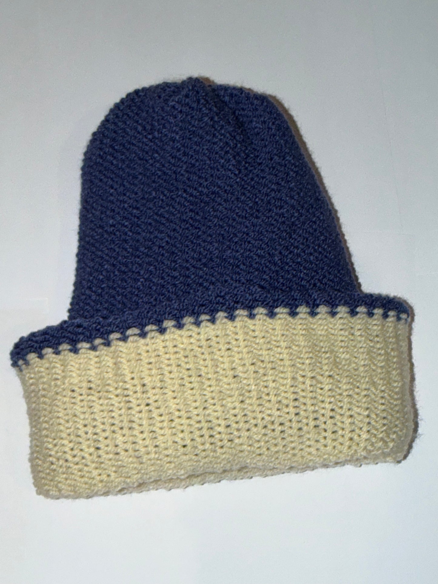 Handmade Reversible Wooly Beanie Cream and Denim dual-tone casual knit hat.