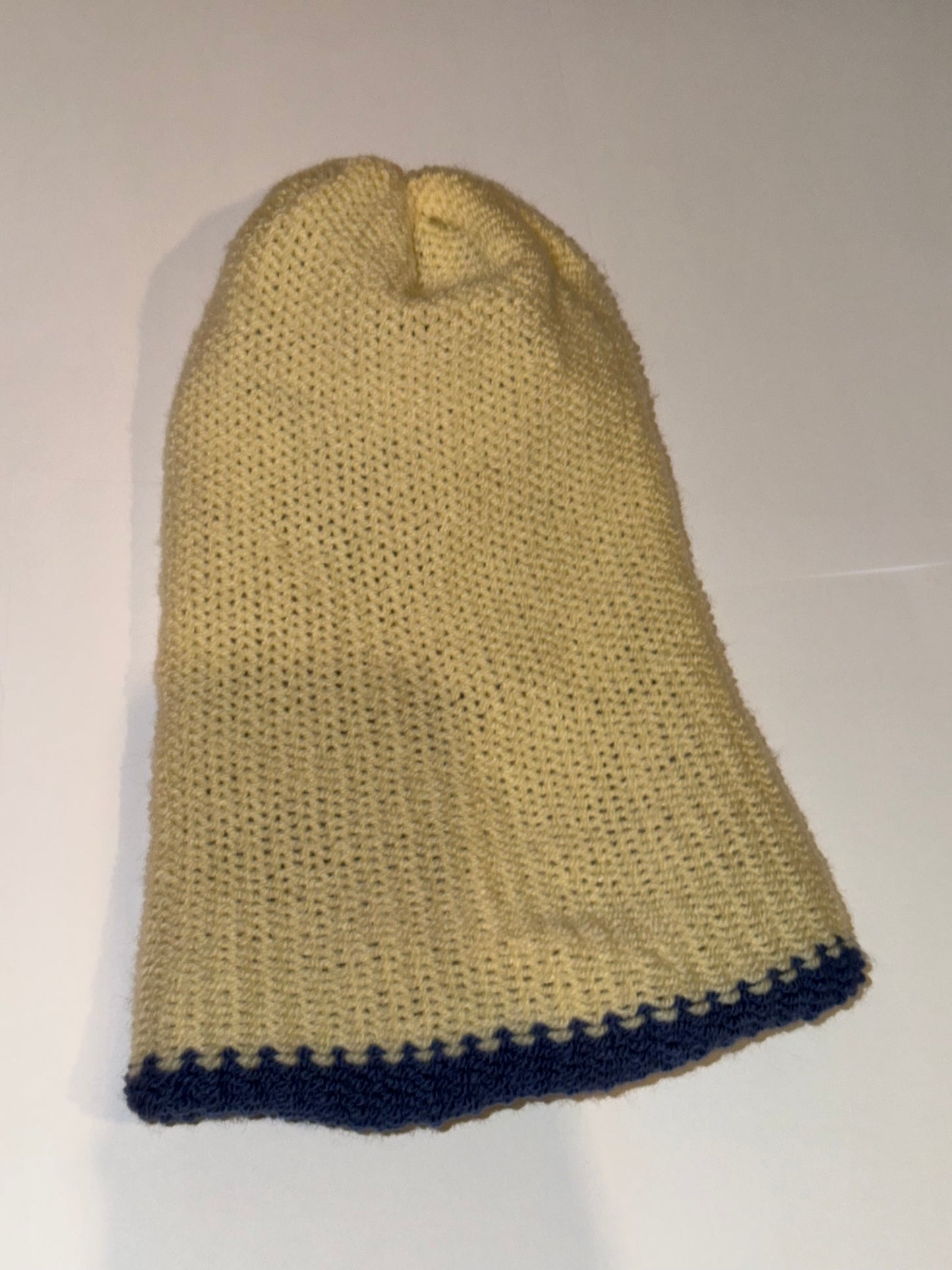 Handmade Reversible Wooly Beanie Cream and Denim dual-tone casual knit hat.