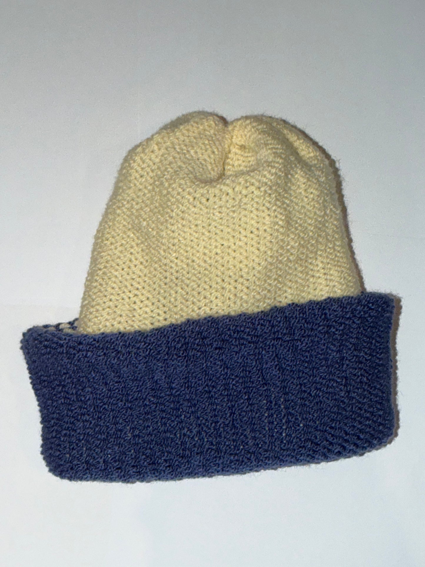 Handmade Reversible Wooly Beanie Cream and Denim dual-tone casual knit hat.