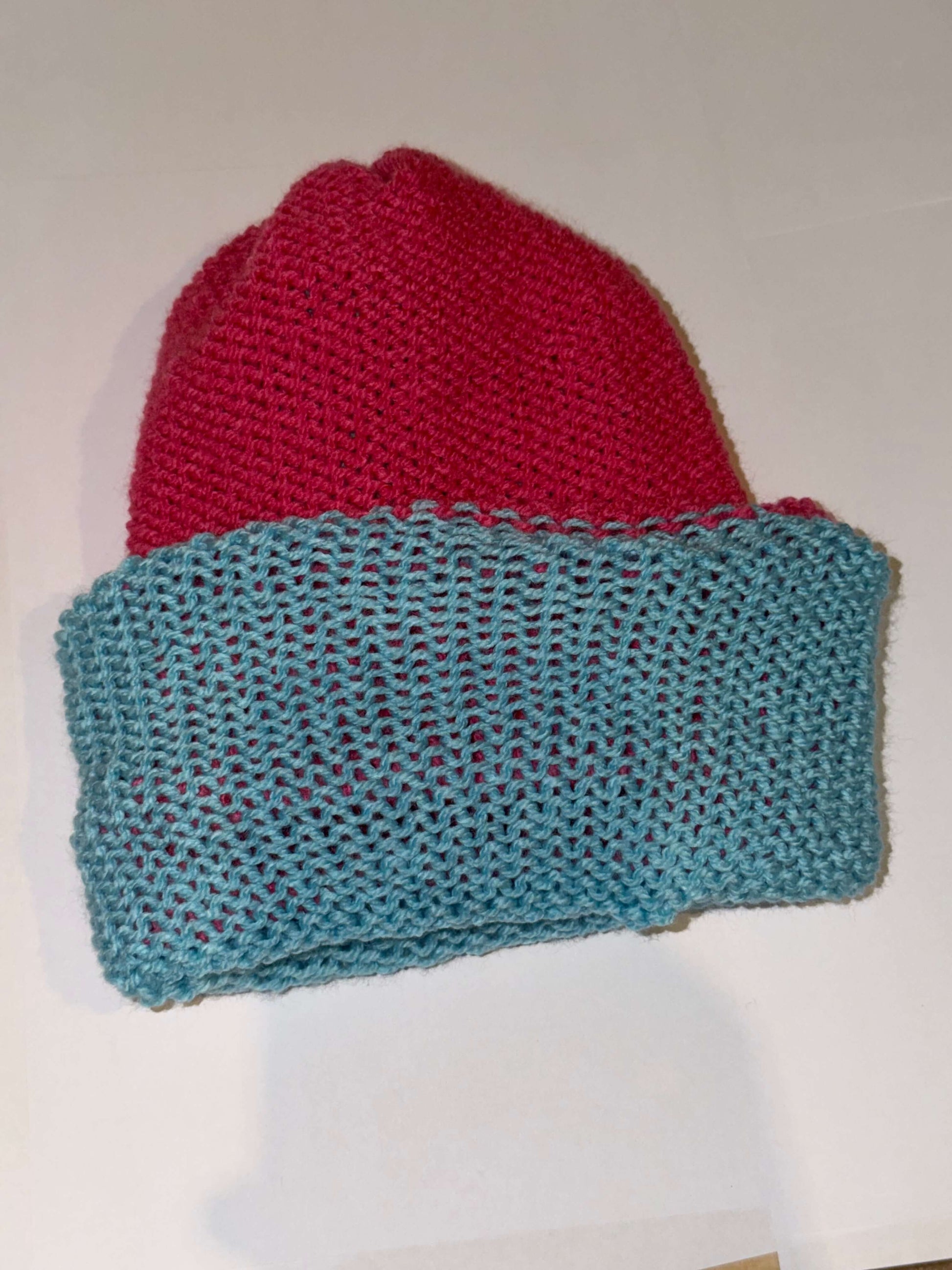 Handmade Reversible Wooly Beanie Soft Blue and Light Pink dual-tone knit hat.