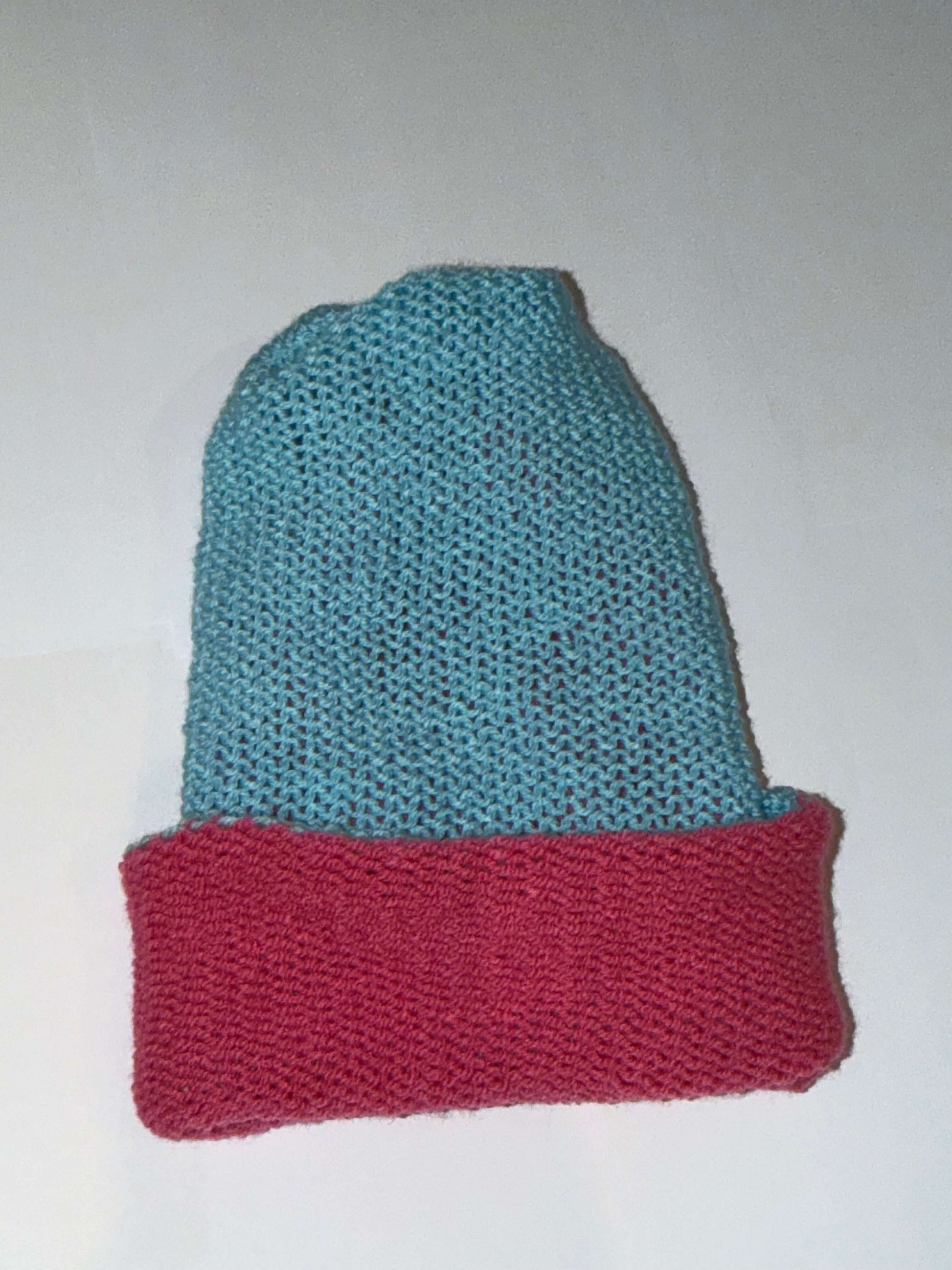Handmade Reversible Wooly Beanie Soft Blue and Light Pink dual-tone knit hat.