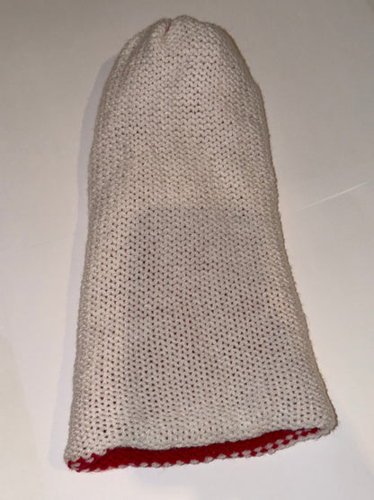 Reversible Christmas Beanie | Handmade Wooly Holiday Hat displayed in white with red lining, showcasing its reversible design.