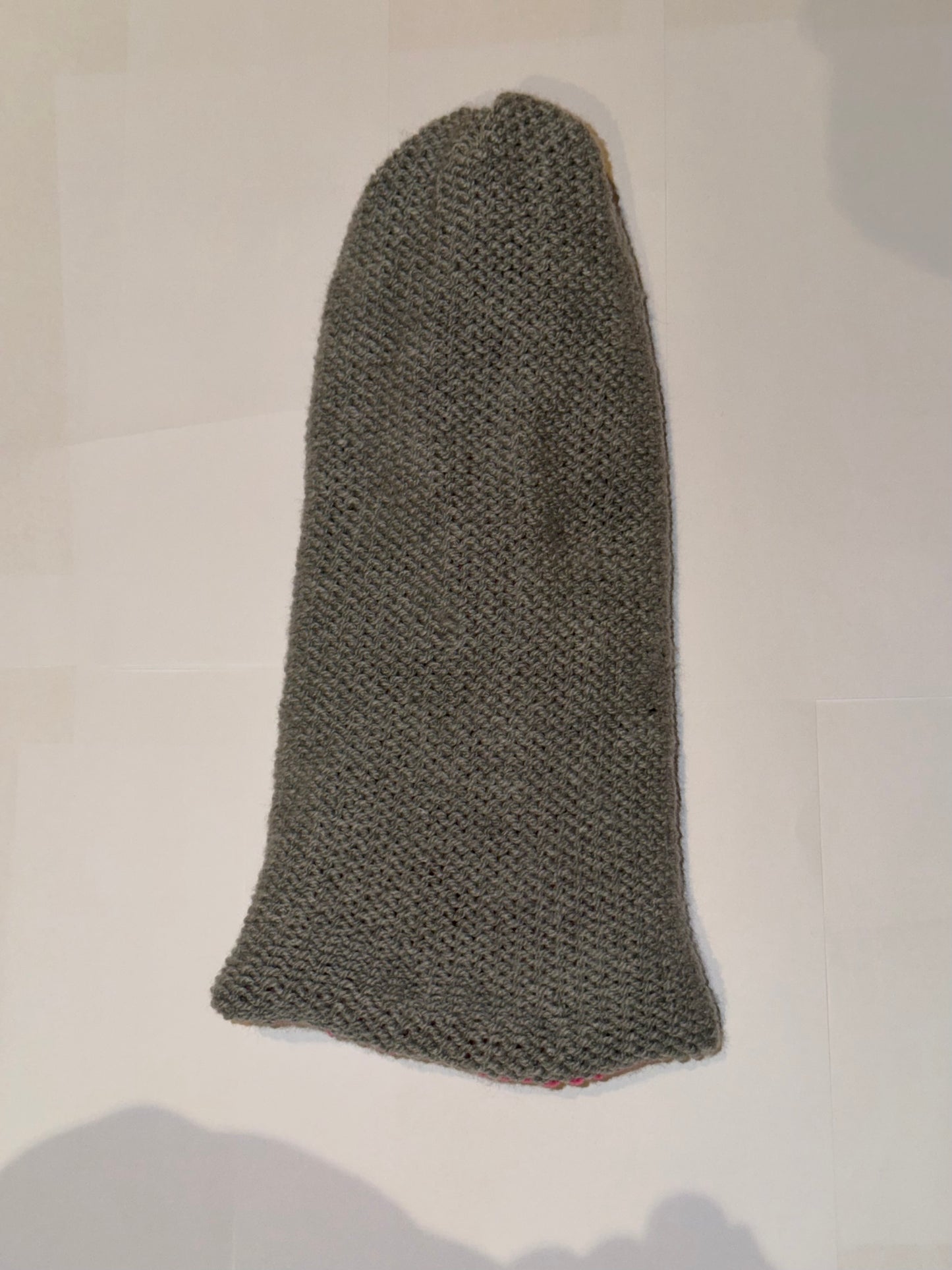 Handmade Reversible Wooly Beanie Grey and Hot Pink in a dual-color artisanal knit.