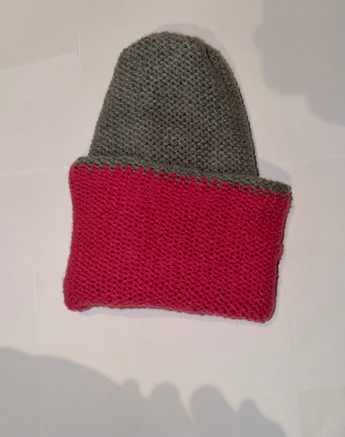 Handmade Reversible Wooly Beanie Grey and Hot Pink in a dual-color artisanal knit.