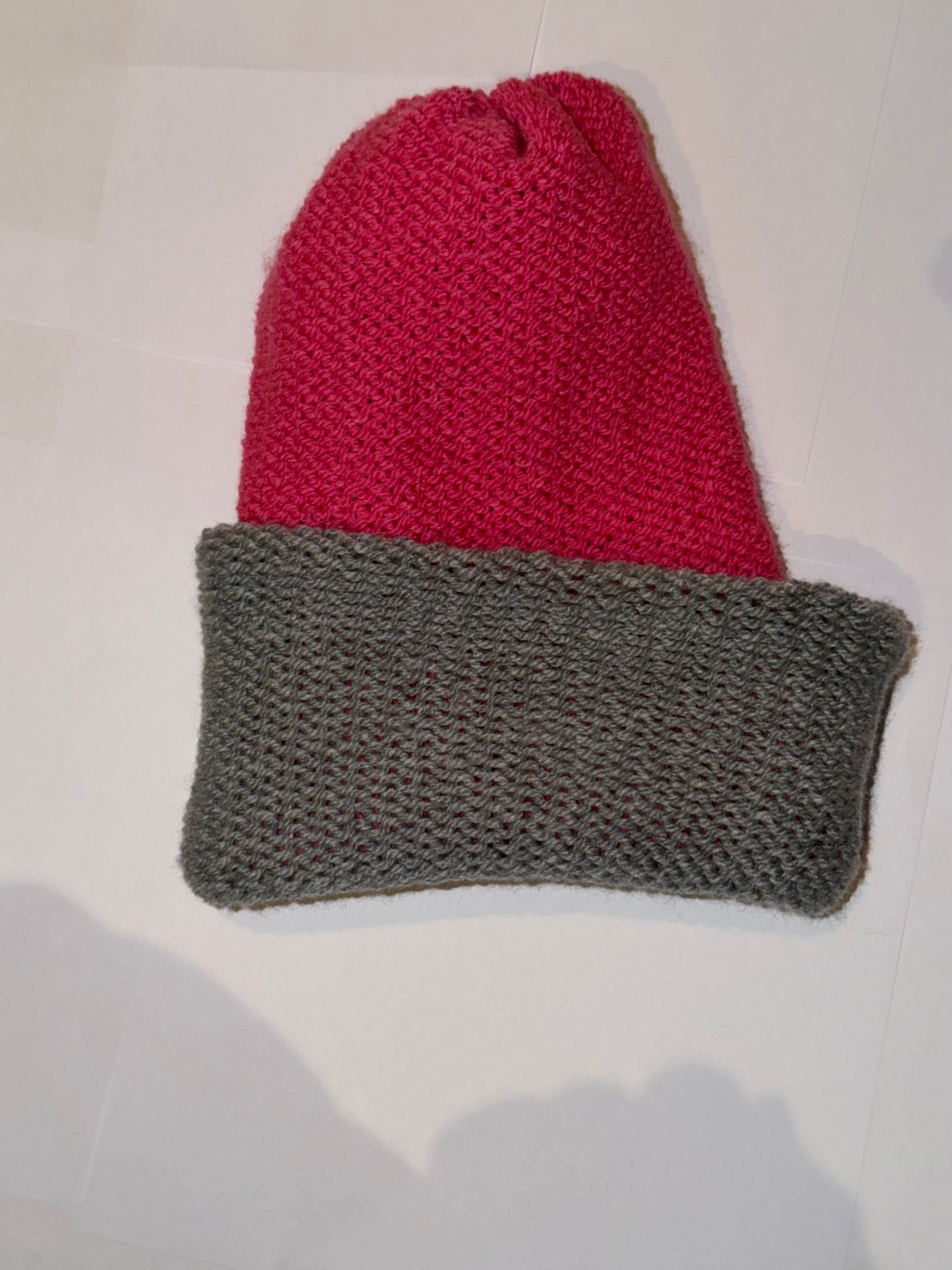 Handmade Reversible Wooly Beanie Grey and Hot Pink in a dual-color artisanal knit.