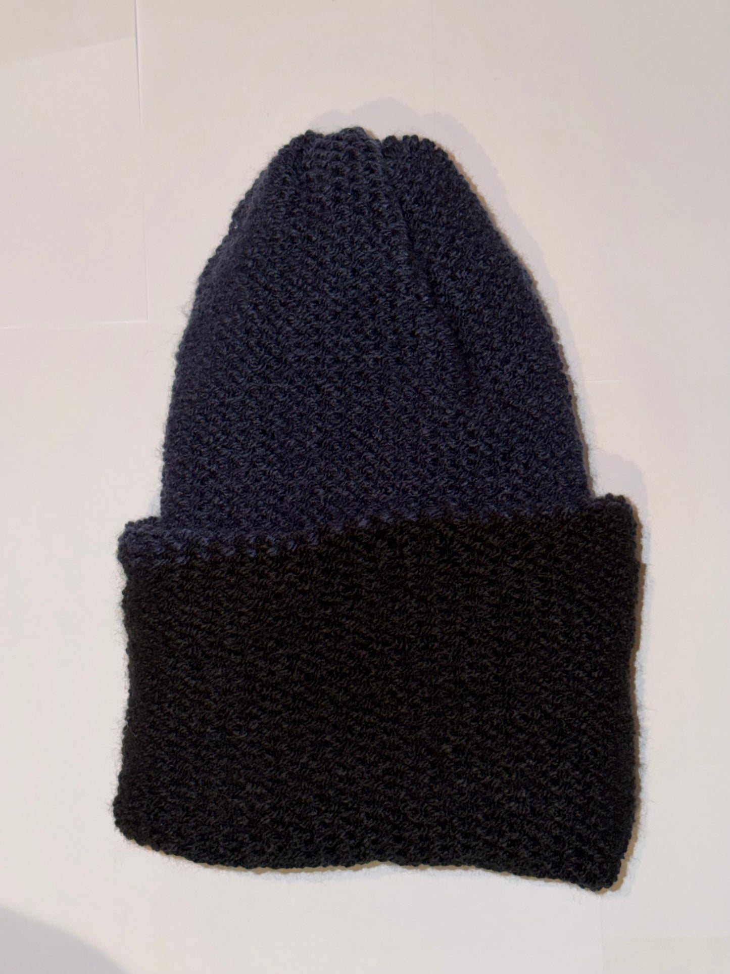 Handmade Reversible Wooly Beanie Navy and Black dual-tone dark knit.