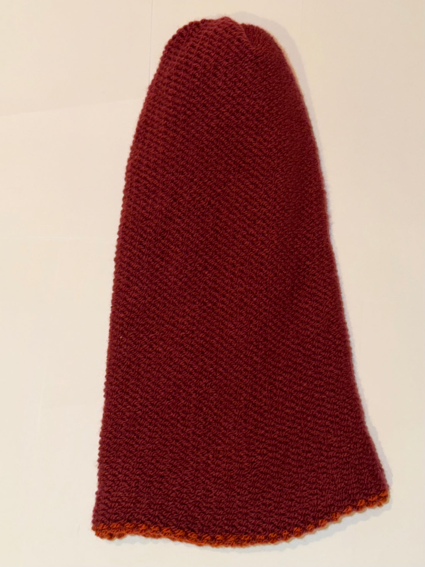 Handmade Reversible Wooly Beanie Plum and Fox Rust showing the autumnal dual-tone knit.