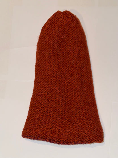 Handmade Reversible Wooly Beanie Plum and Fox Rust showing the autumnal dual-tone knit.
