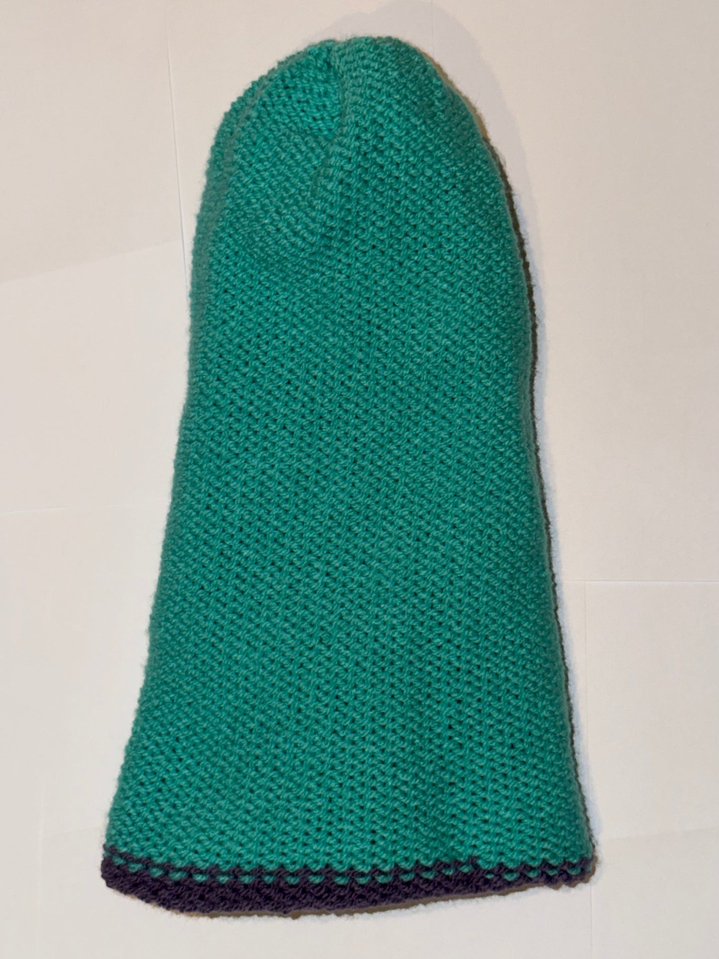 Handmade Reversible Wooly Beanie Dark Lilac and Aqua featuring a vibrant dual-tone knit.