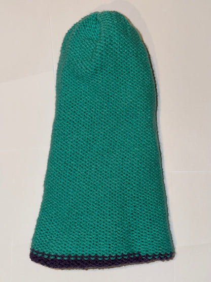 Handmade Reversible Wooly Beanie Dark Lilac and Aqua featuring a vibrant dual-tone knit.