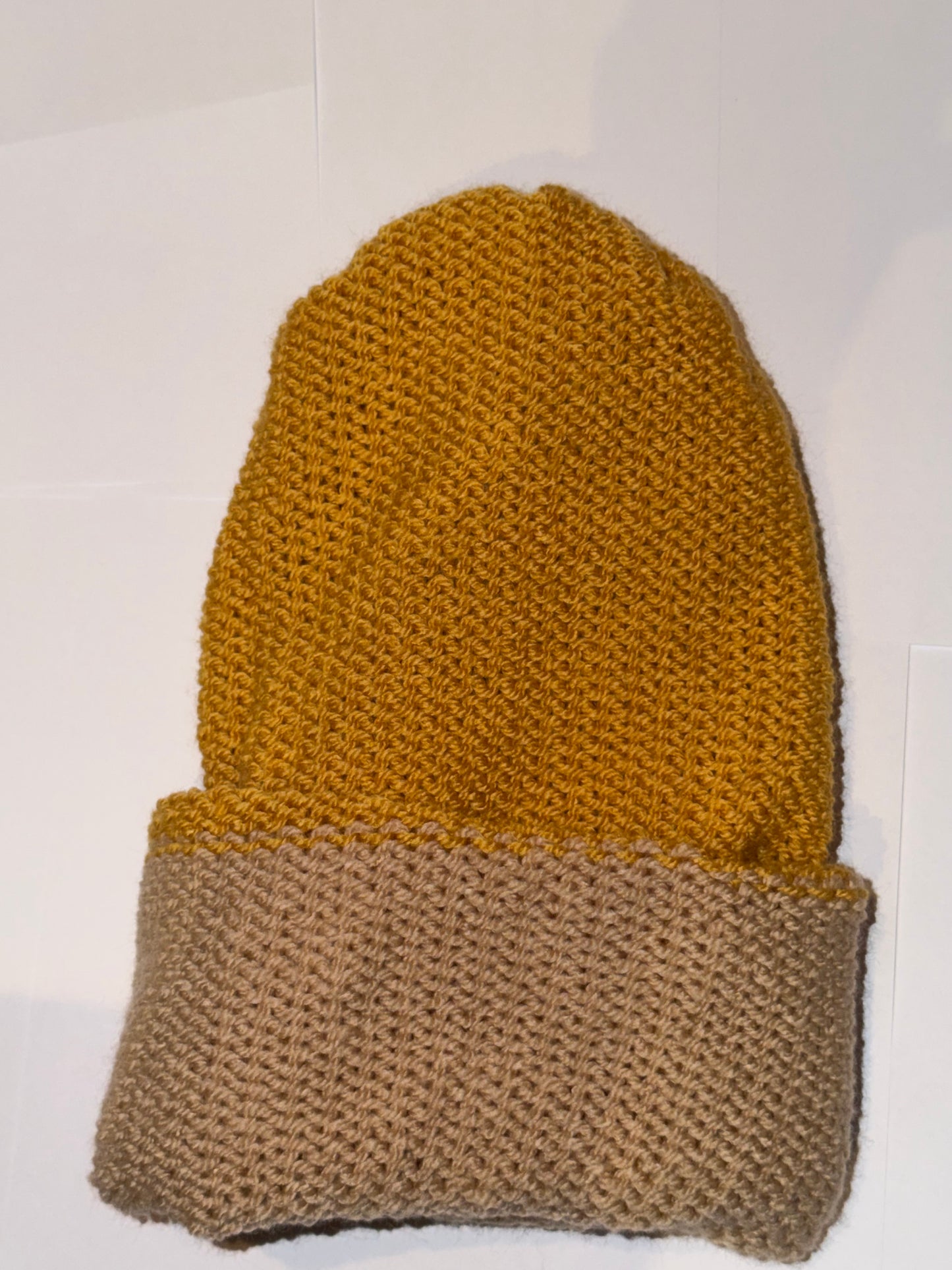 Handmade Reversible Wooly Beanie Gold and Honey dual-tone warm knit hat.
